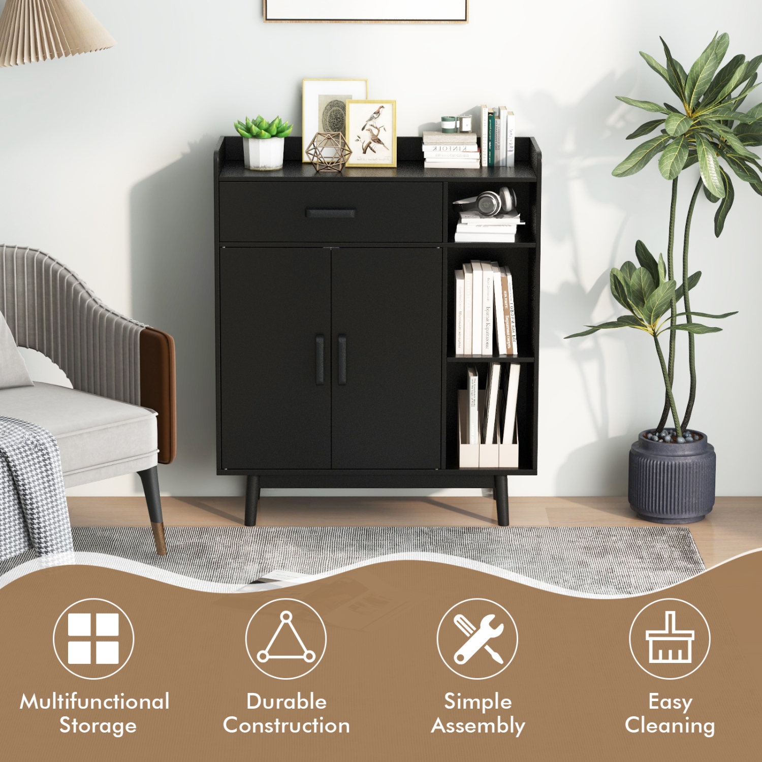 Gymax Floor Storage Cabinet Free Standing Cupboard Chest w/1 Drawer 2 Doors 3 Shelves