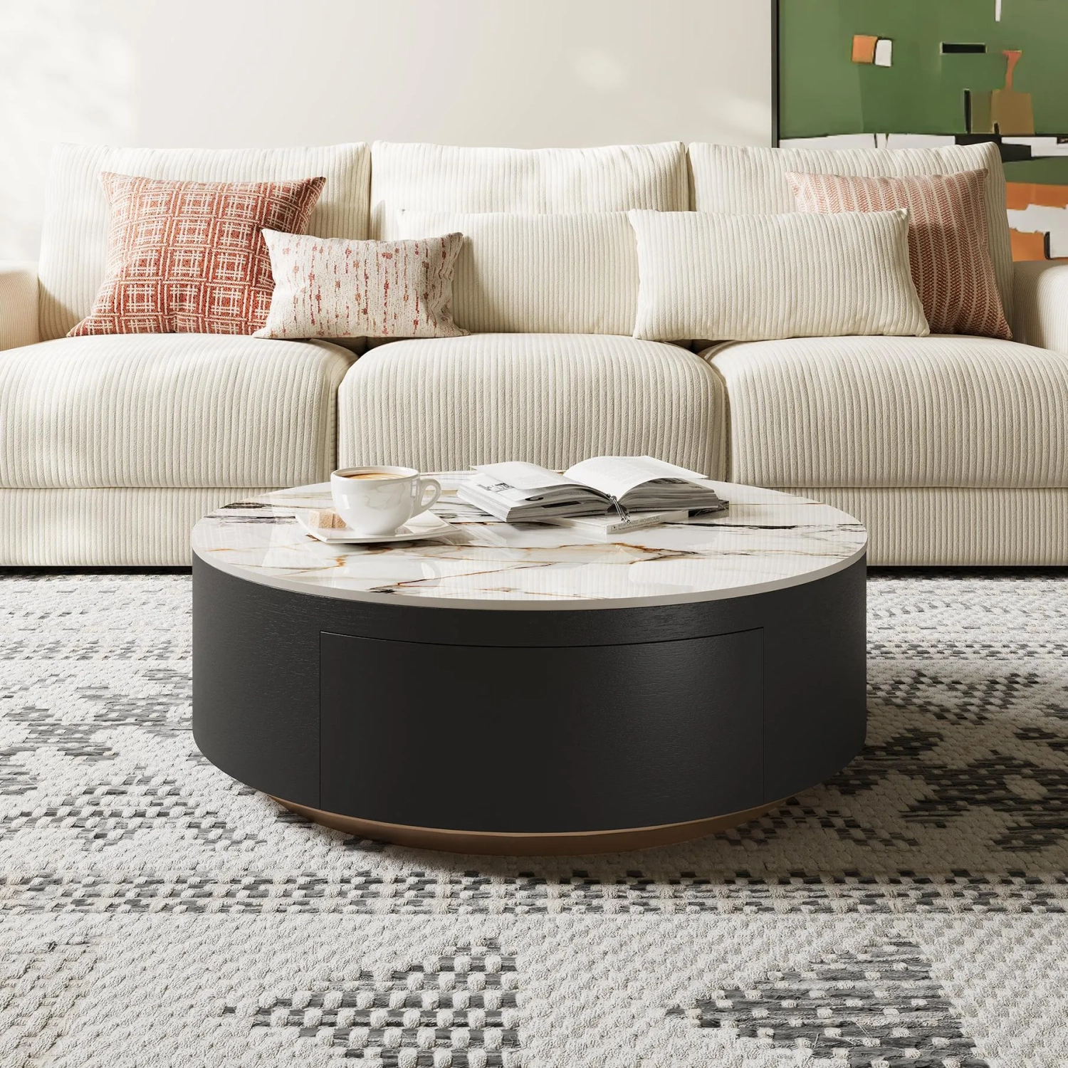 Table basse ronde de 39&nbsp;po en pierre frittée avec rangement et tiroirs noirs