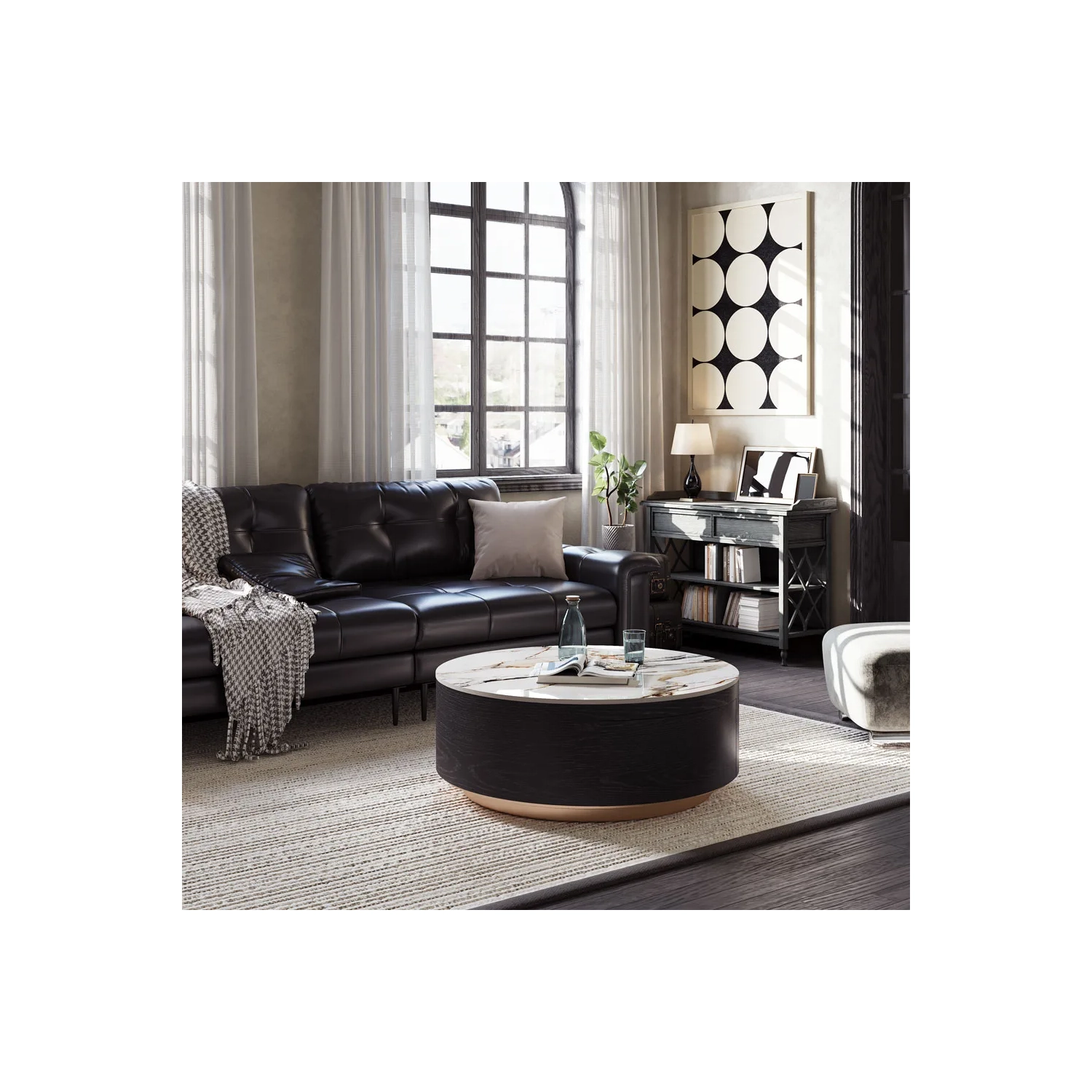 Table basse ronde de 39&nbsp;po en pierre frittée avec rangement et tiroirs noirs