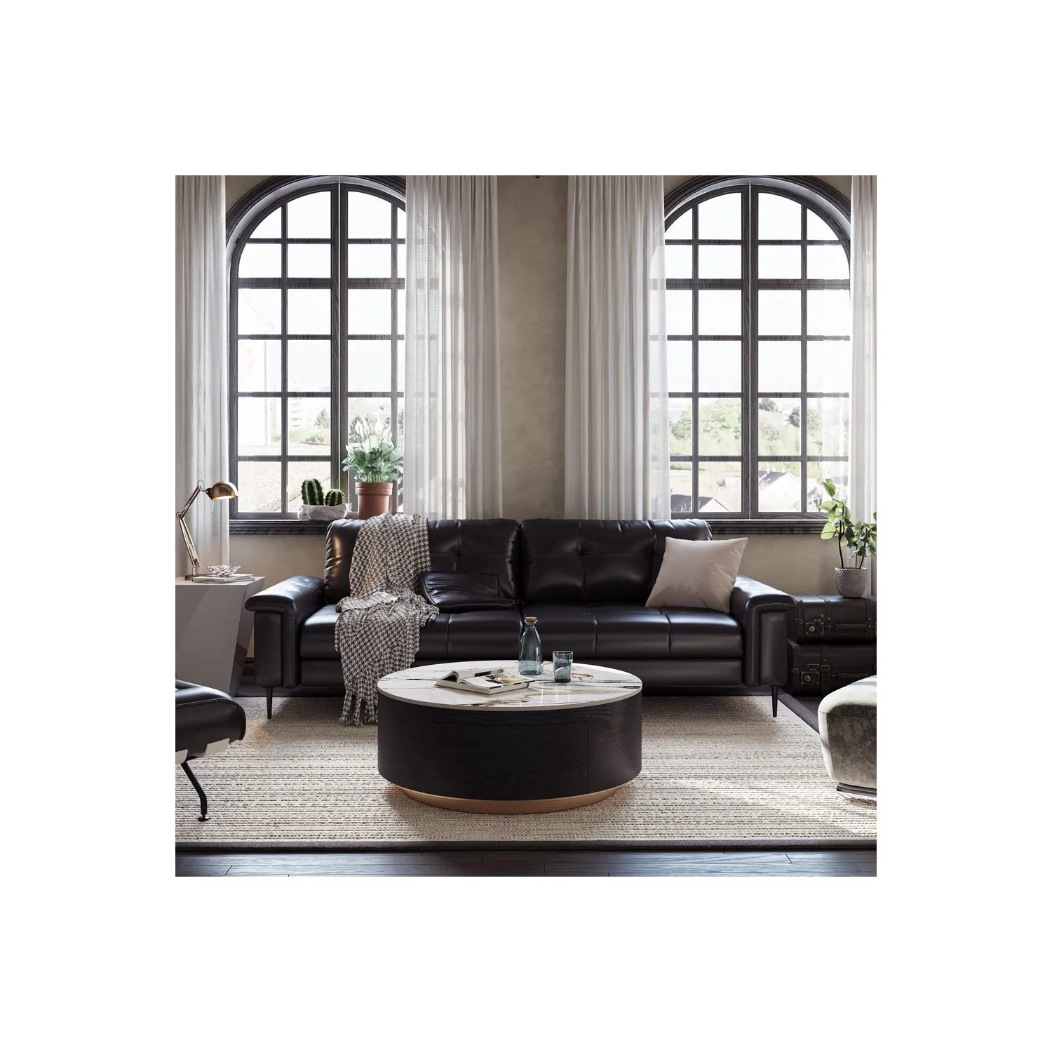 Table basse ronde de 39&nbsp;po en pierre frittée avec rangement et tiroirs noirs