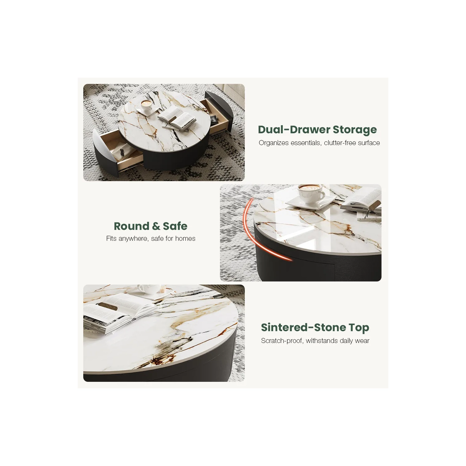 Table basse ronde de 39&nbsp;po en pierre frittée avec rangement et tiroirs noirs