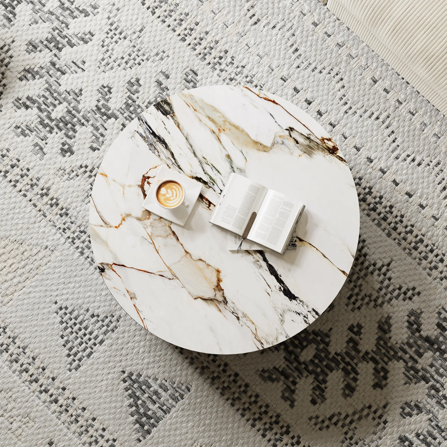 Table basse ronde de 39&nbsp;po en pierre frittée avec rangement et tiroirs noirs