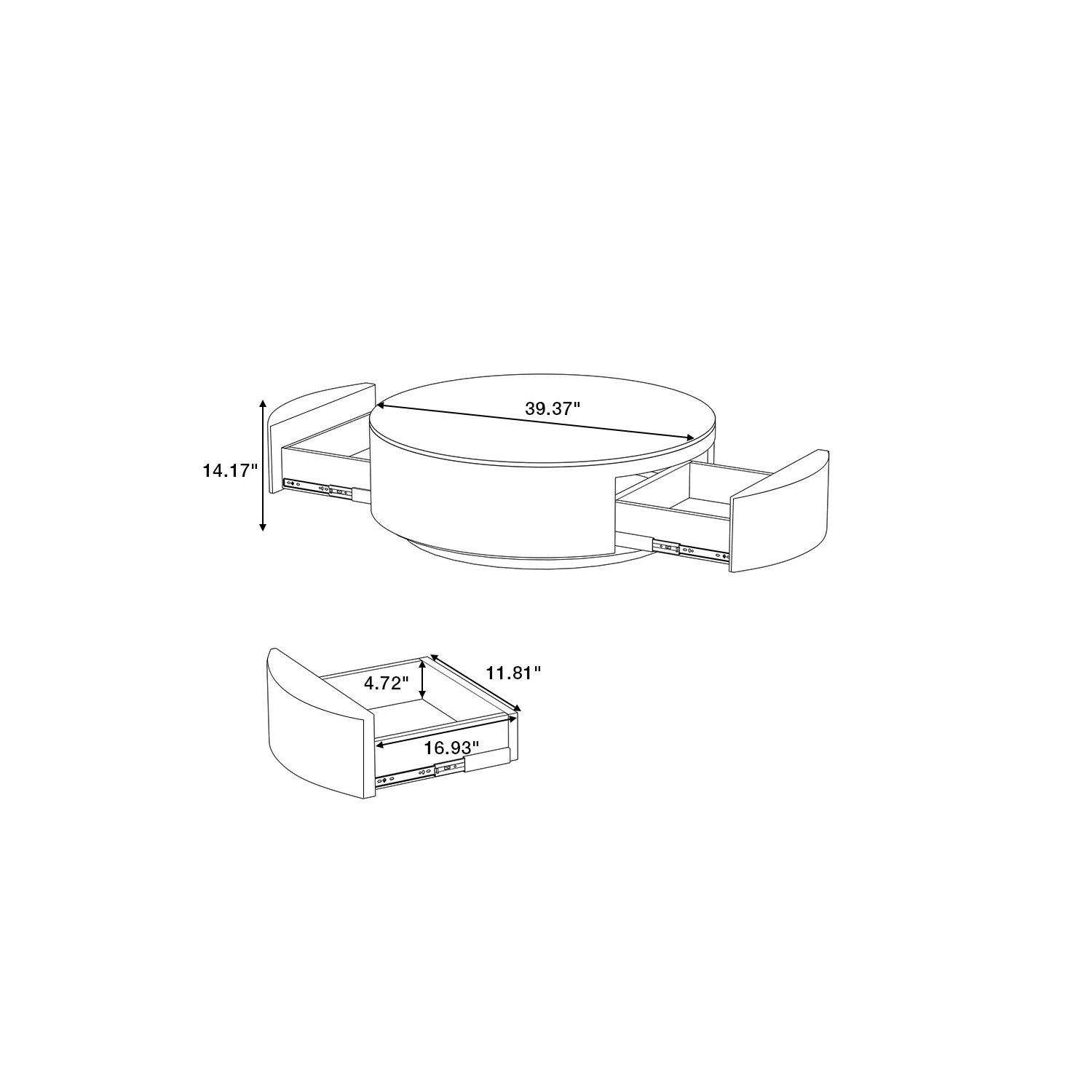 Table basse ronde de 39&nbsp;po en pierre frittée avec rangement et tiroirs noirs