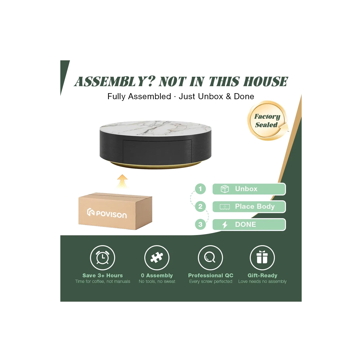 Table basse ronde de 39&nbsp;po en pierre frittée avec rangement et tiroirs noirs