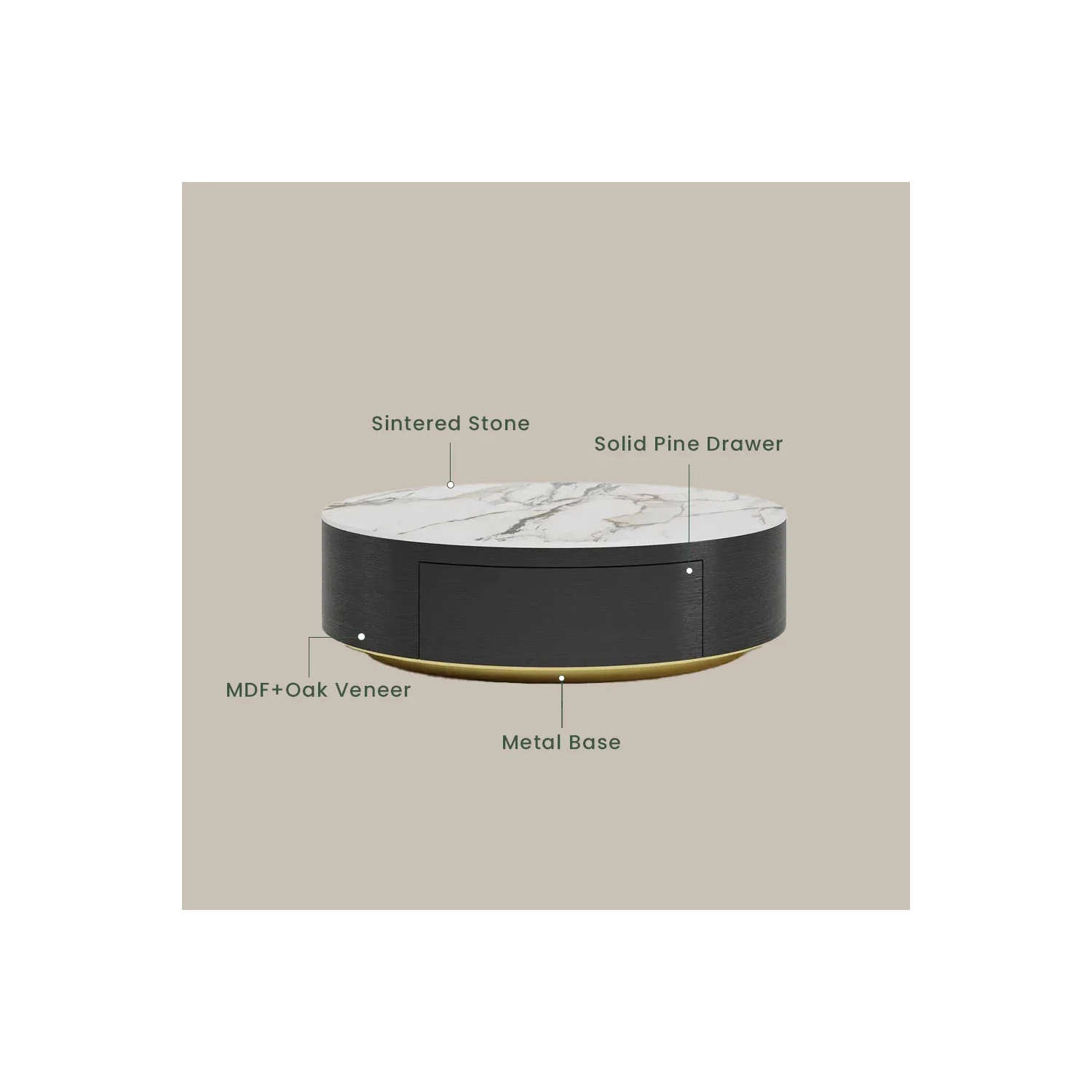 Table basse ronde de 39&nbsp;po en pierre frittée avec rangement et tiroirs noirs