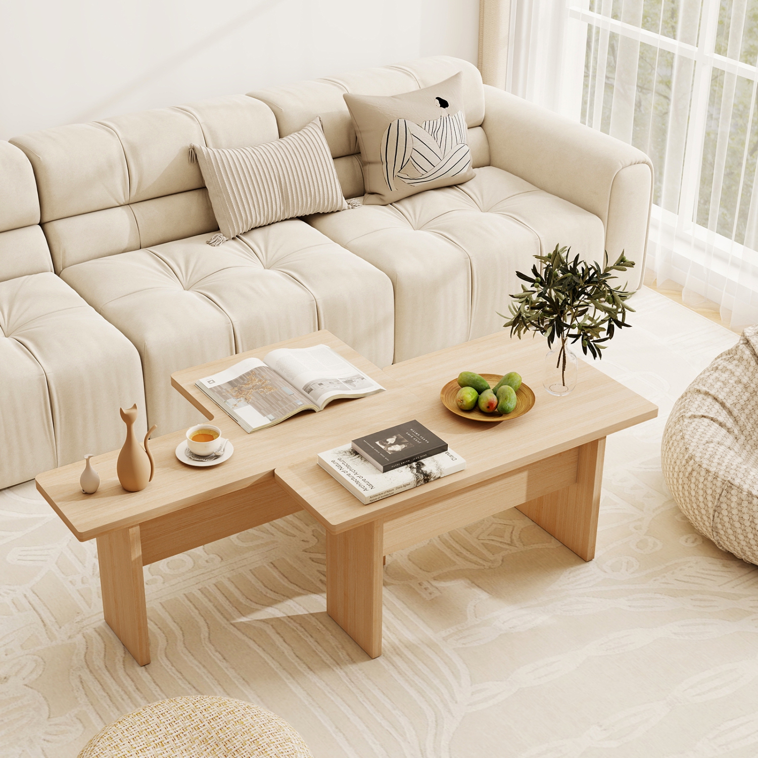 Gymax Modular Coffee Table Set of 2 L Shaped Center Tables for Home Office Apartment Natural