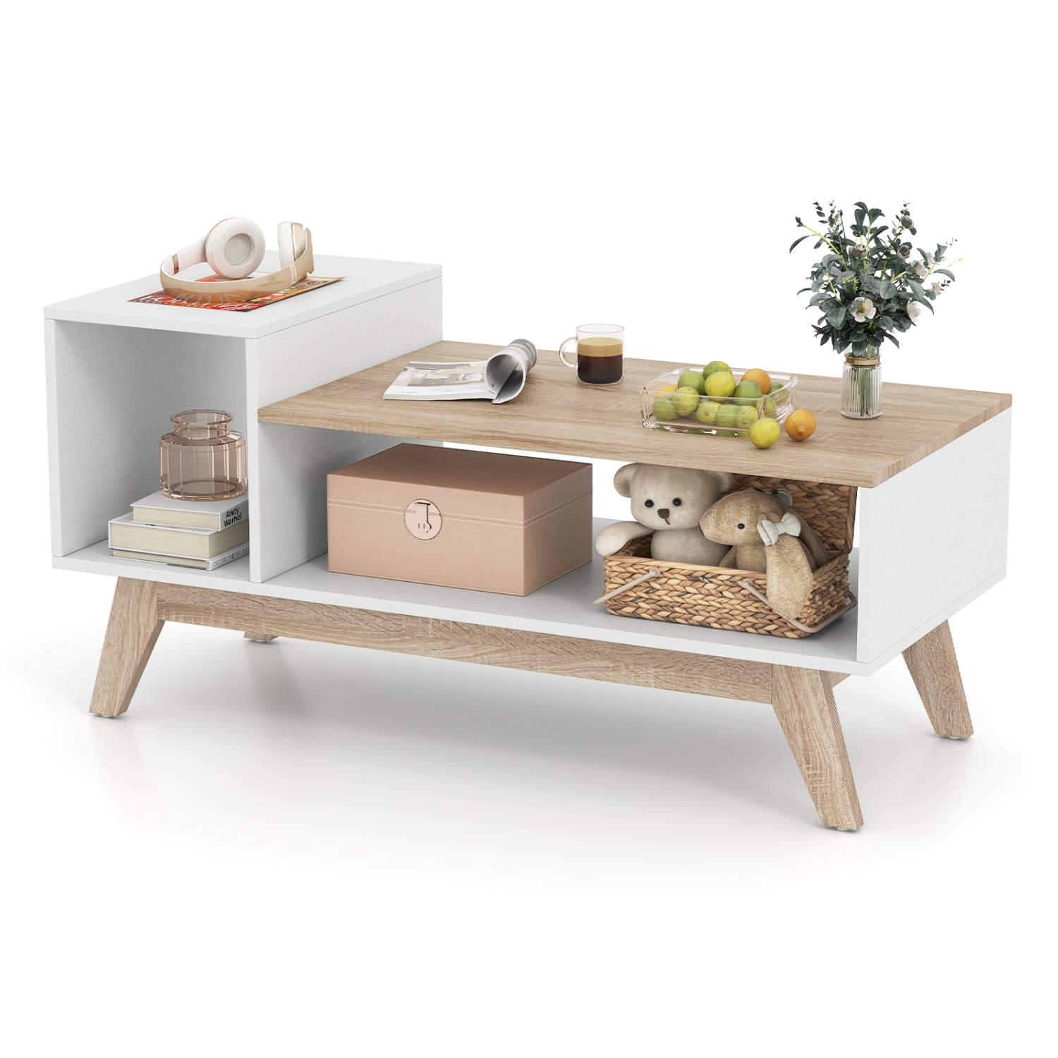 Gymax Coffee Table 43'' Center Table w/ Stepped Tabletop & Storage Compartments