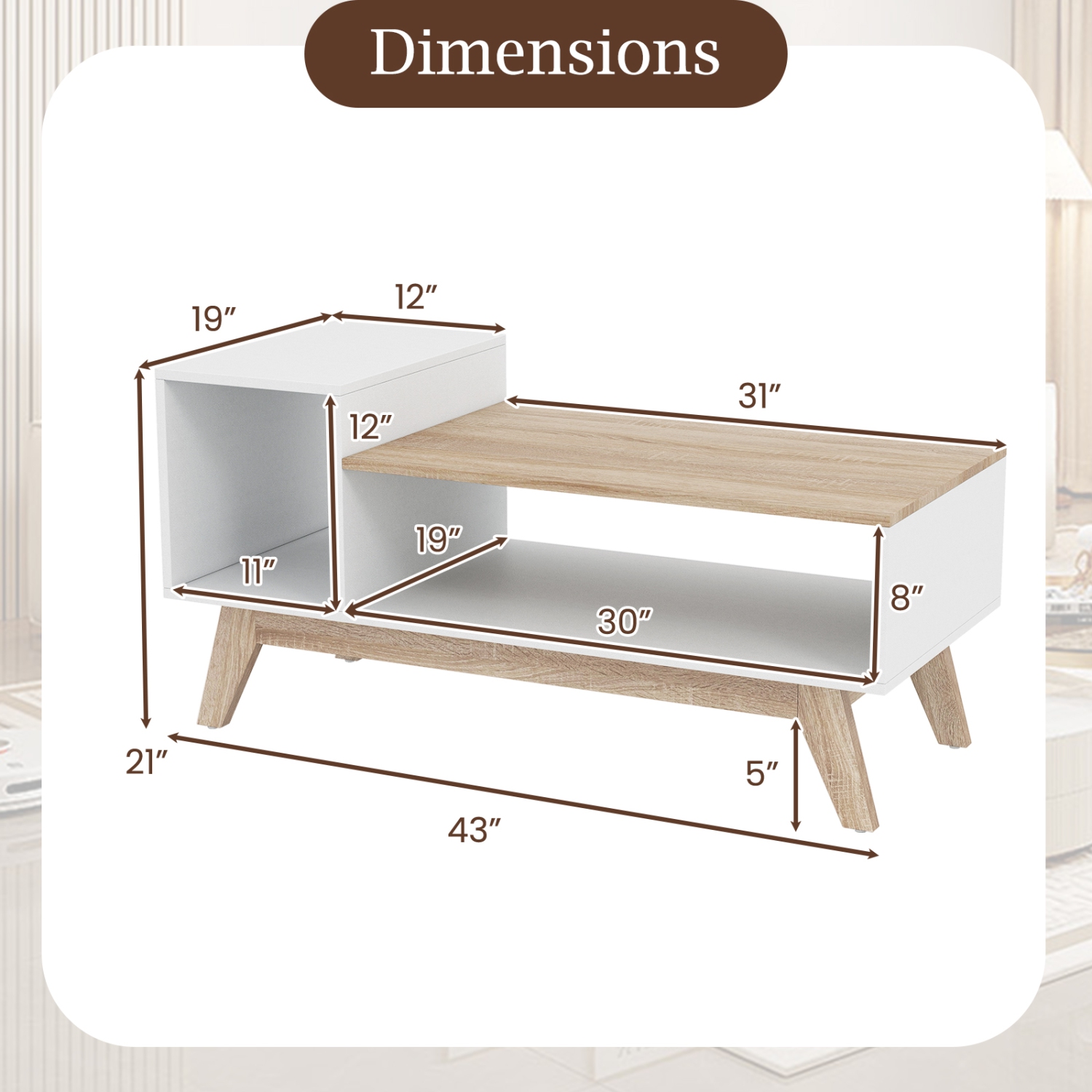 Gymax Coffee Table 43'' Center Table w/ Stepped Tabletop & Storage Compartments