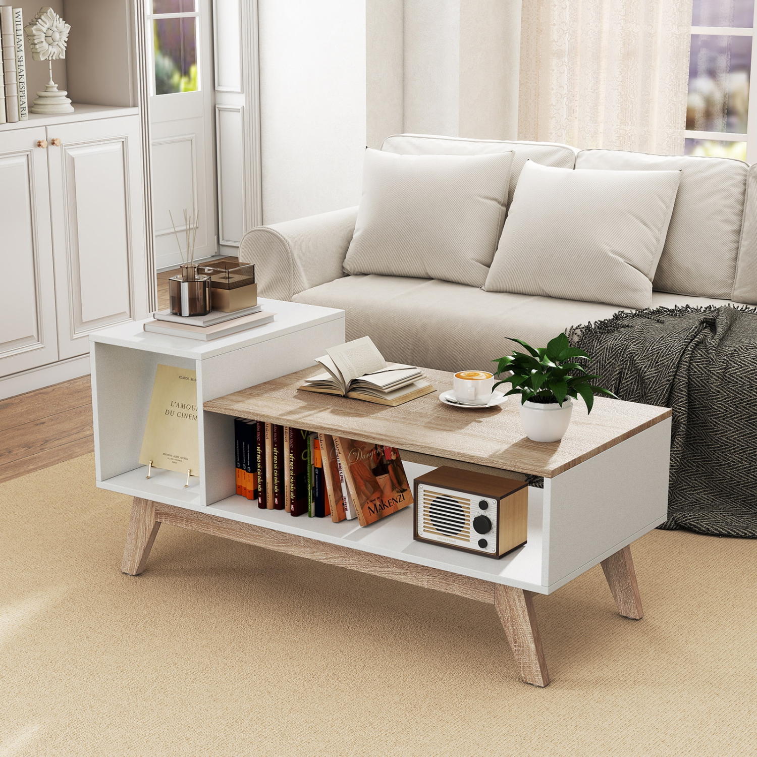Gymax Coffee Table 43'' Center Table w/ Stepped Tabletop & Storage Compartments