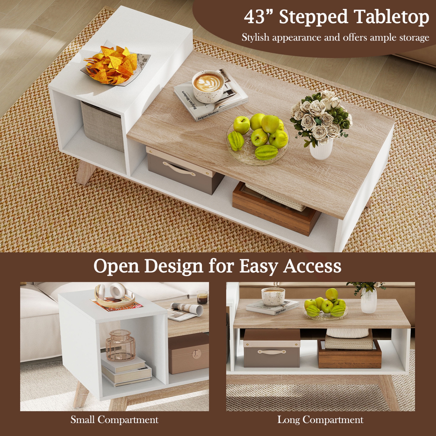 Gymax Coffee Table 43'' Center Table w/ Stepped Tabletop & Storage Compartments