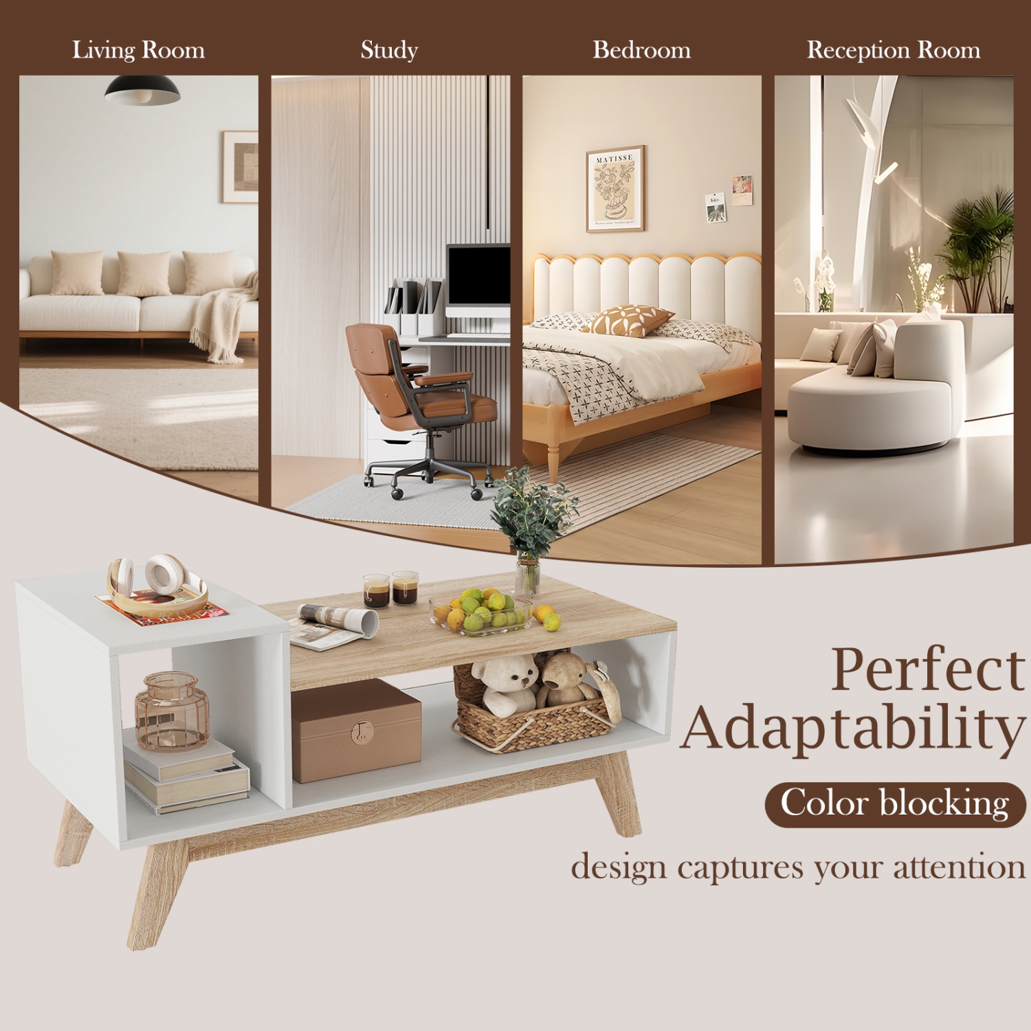 Gymax Coffee Table 43'' Center Table w/ Stepped Tabletop & Storage Compartments