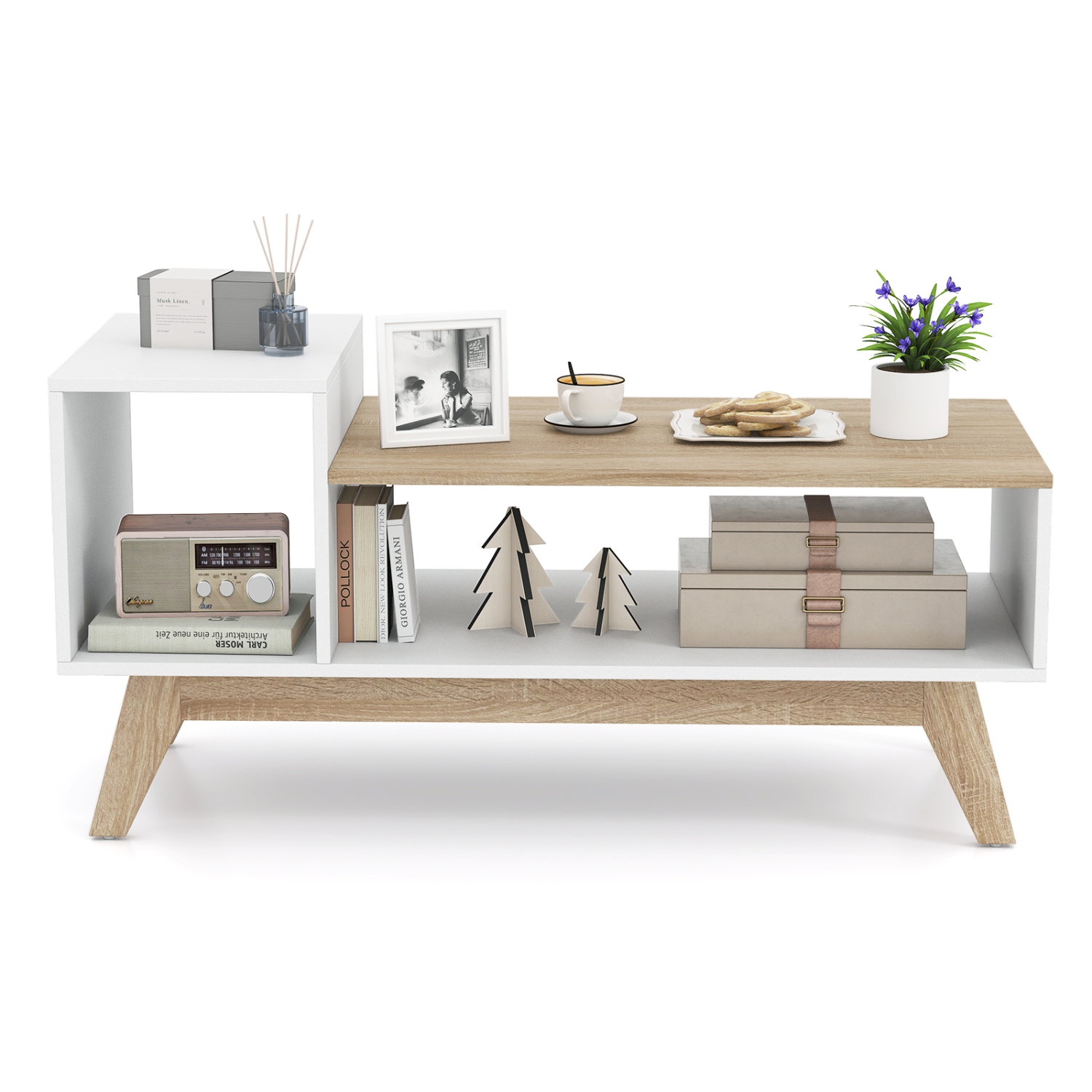 Gymax Coffee Table 43'' Center Table w/ Stepped Tabletop & Storage Compartments