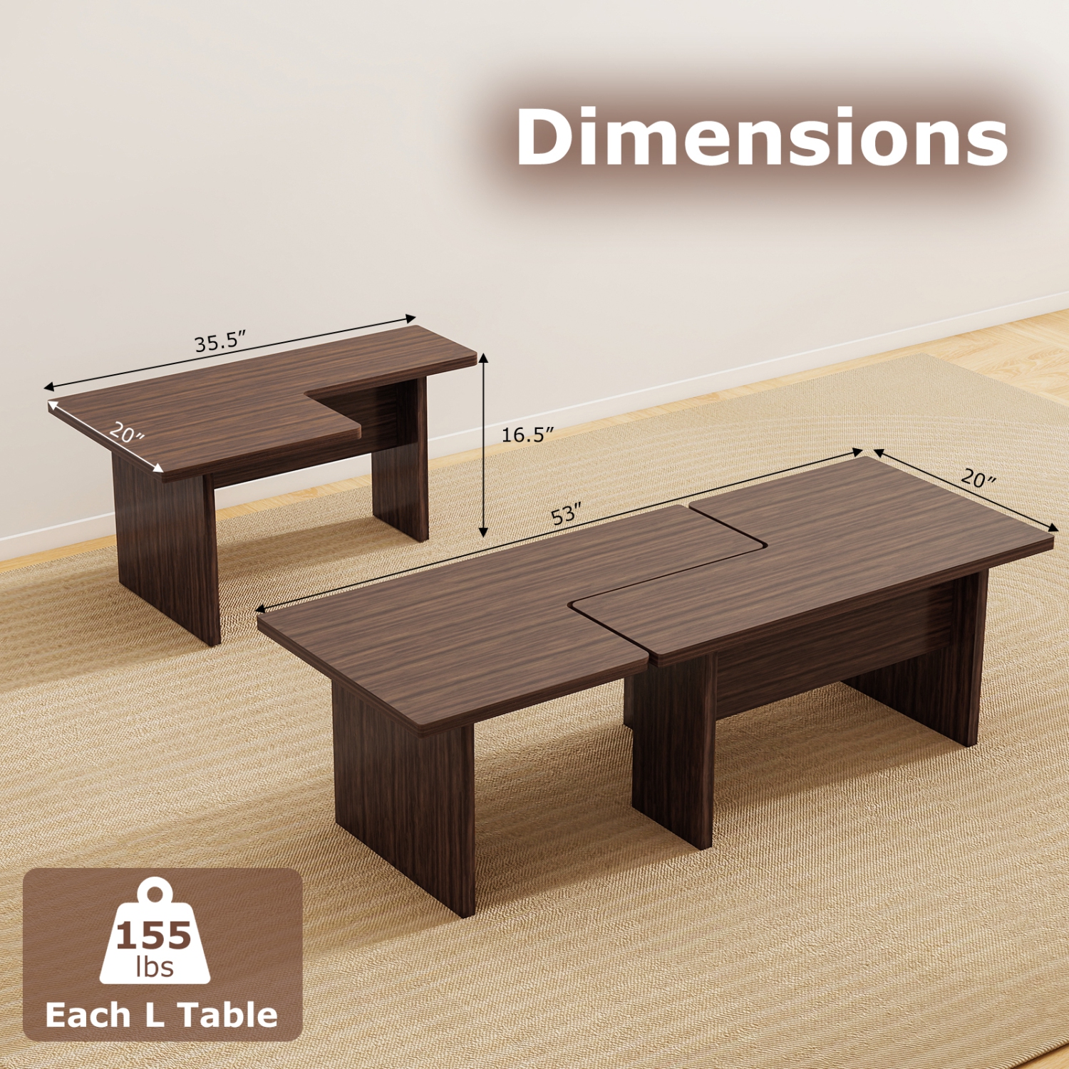 Gymax Modular Coffee Table Set of 2 L Shaped Center Tables for Home Office Apartment Brown