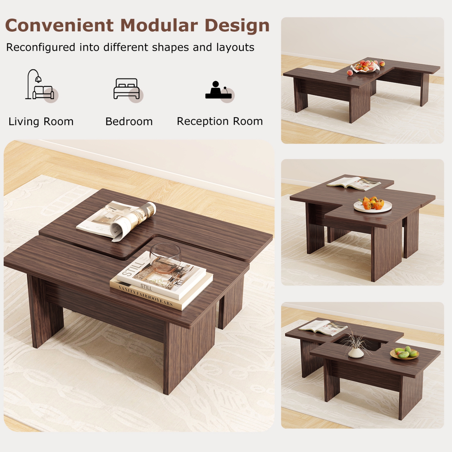 Gymax Modular Coffee Table Set of 2 L Shaped Center Tables for Home Office Apartment Brown