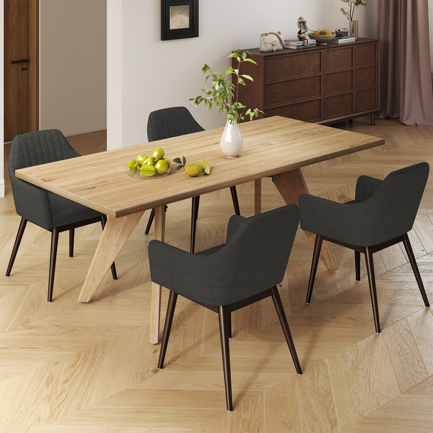 Gymax Set of 4 Dining Chairs Upholstered Kitchen Table Chairs w/ Solid Wood Legs