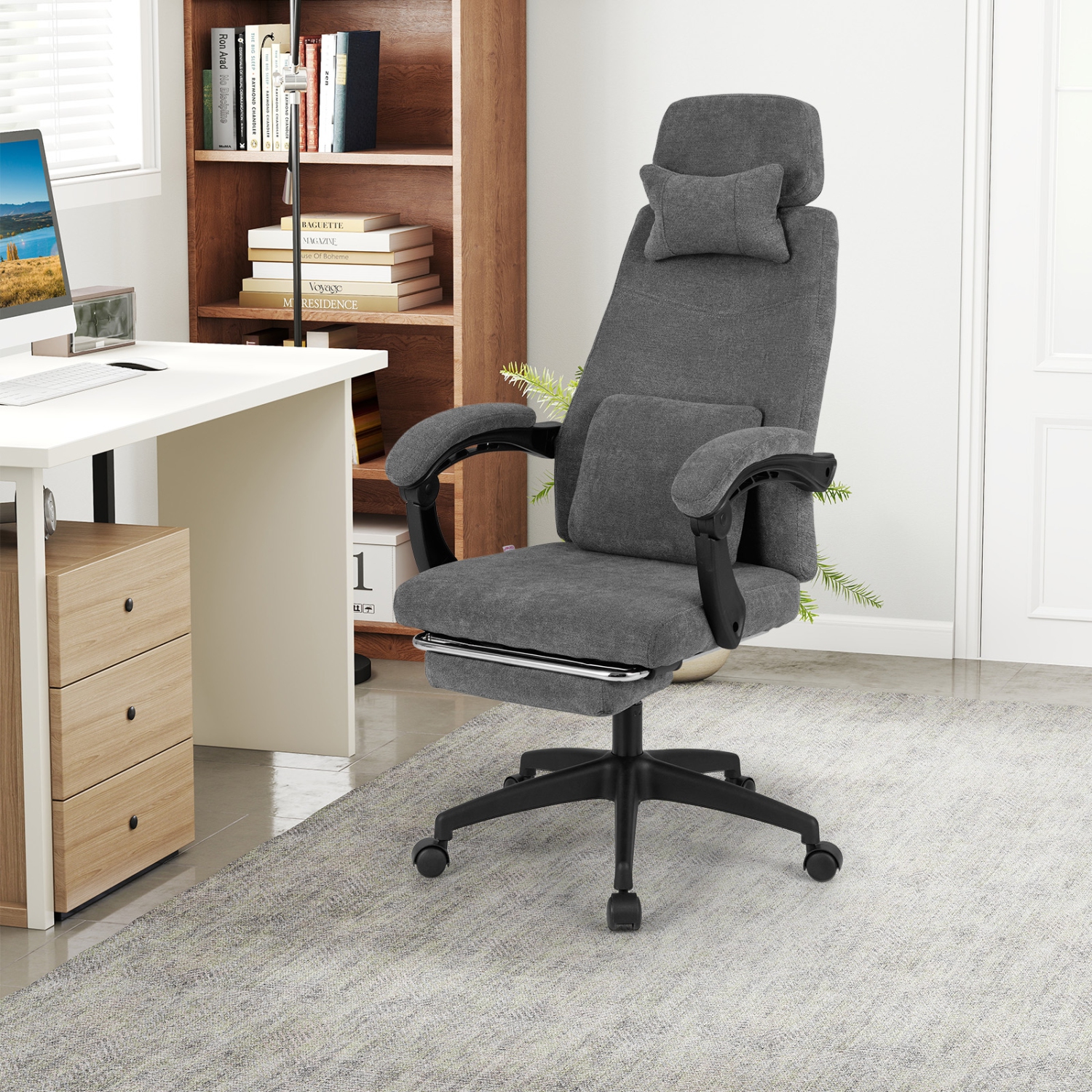 Gymax Reclining Home Office Chair Retractable Footrest High-Back Ergonomic Executive