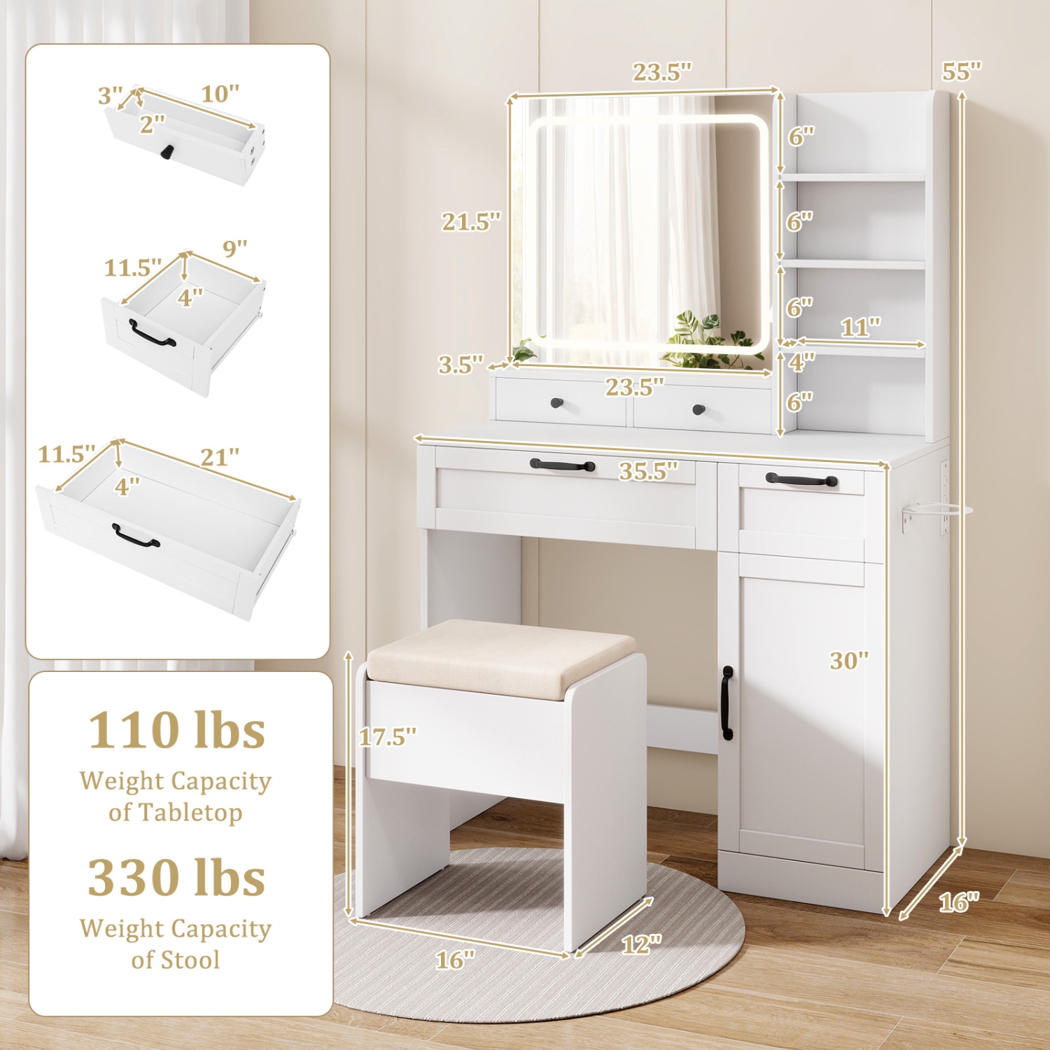 Gymax Vanity Set w/Cushioned Stool Makeup Table w/Adjustable Lighting Mode Brightness