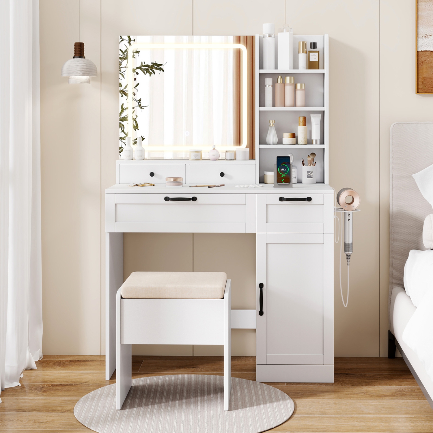 Gymax Vanity Set w/Cushioned Stool Makeup Table w/Adjustable Lighting Mode Brightness