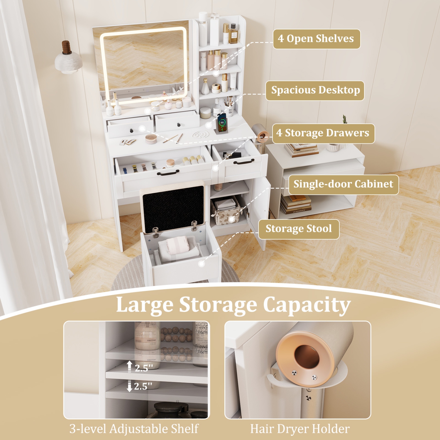 Gymax Vanity Set w/Cushioned Stool Makeup Table w/Adjustable Lighting Mode Brightness