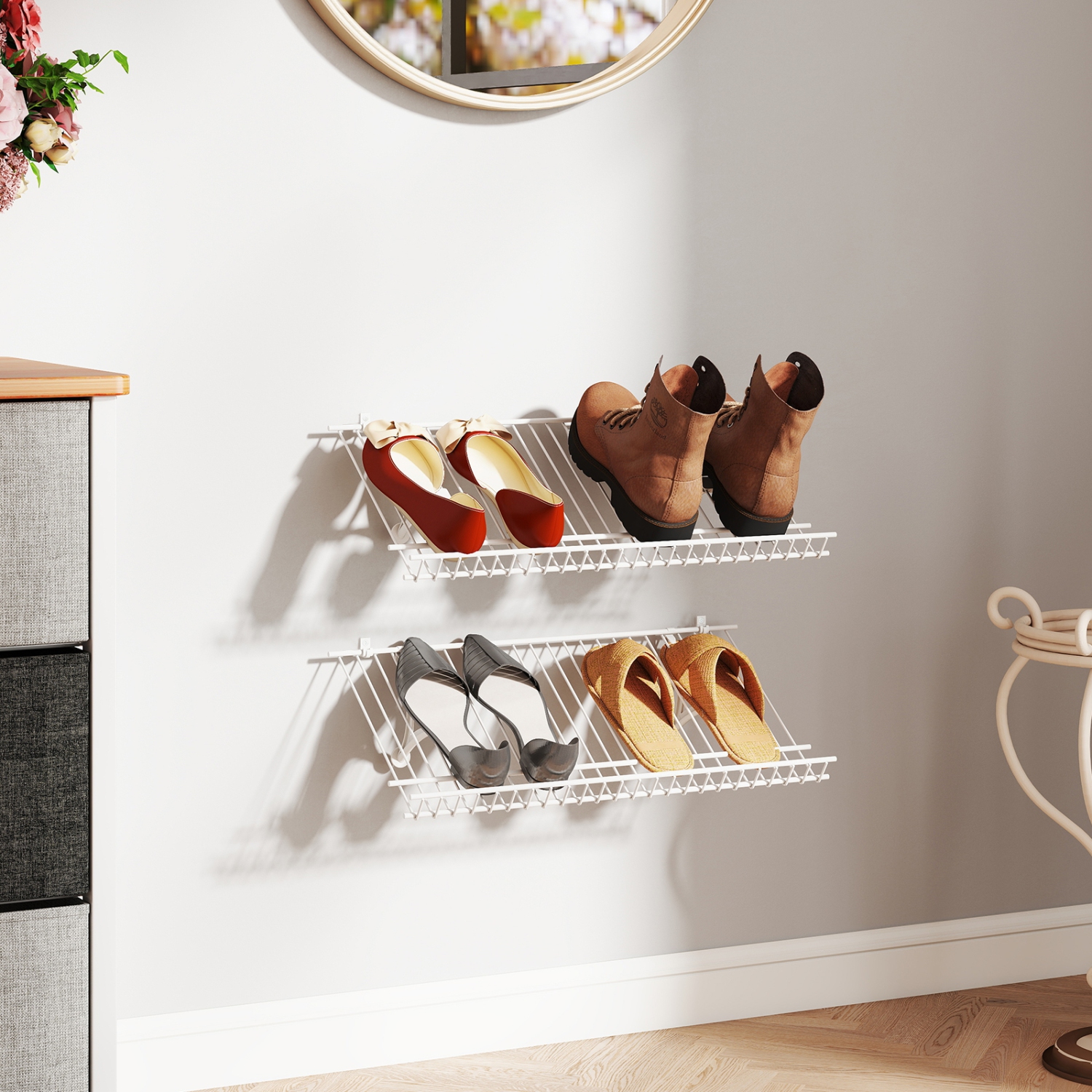 Gymax Set of 2 Metal Wire Shelving Unit Sloping Shoe Racks w/ Heightened Edge