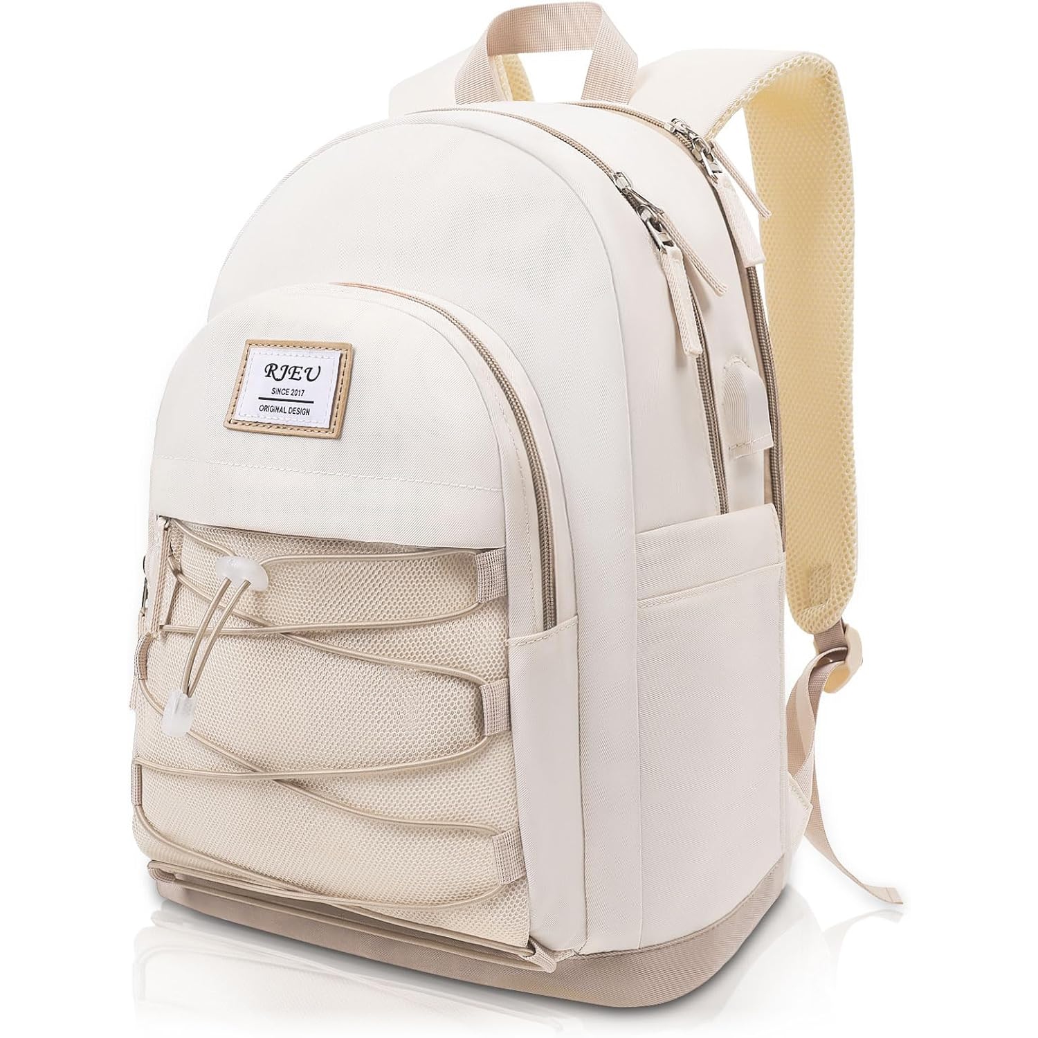 Aesthetic Backpack for Teen Girls,Cute School Bookbag with 15.6in Laptop Compartment for Women College Students,Khaki Beige