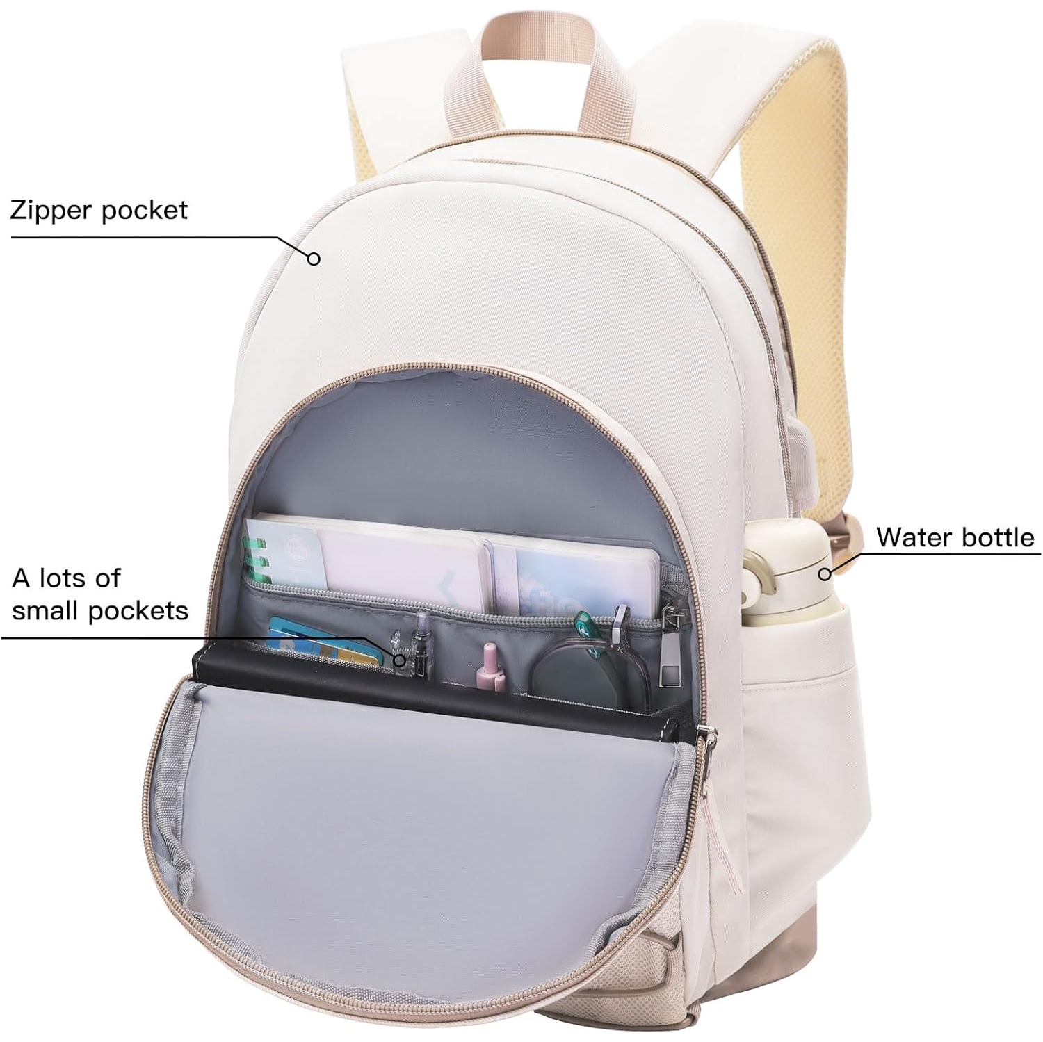 Aesthetic Backpack for Teen Girls,Cute School Bookbag with 15.6in Laptop Compartment for Women College Students,Khaki Beige