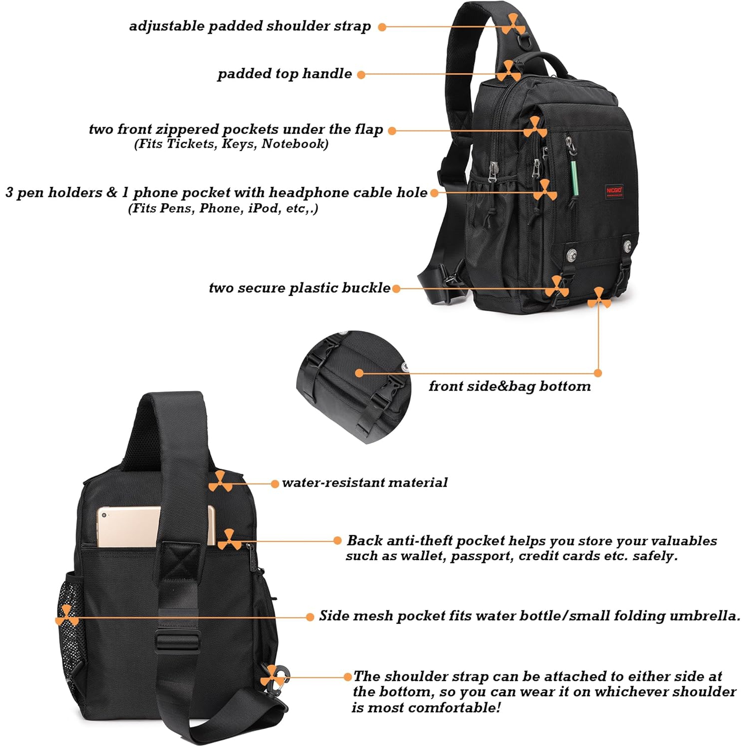 Sling Bags Chest Shoulder Backpacks, 13.3'' Laptop Backpack Crossbody Messenger Bag Travel Outdoor Men Women