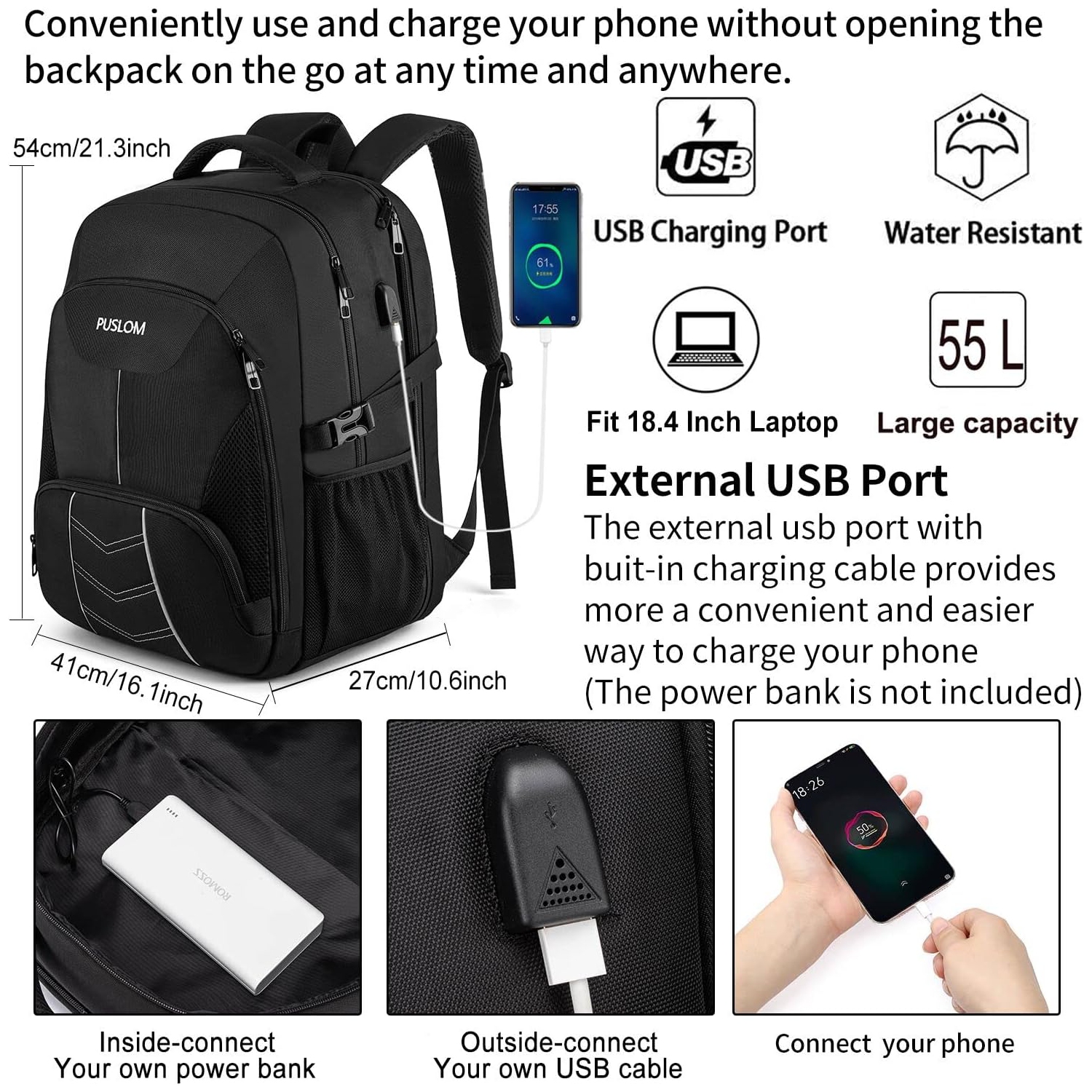 Extra Large Travel Laptop Backpack for Men 55L,Water Resistant 18.4 inch Big Business Laptop Bookbags with USB Charging Port,TSA Friendly Anti Theft