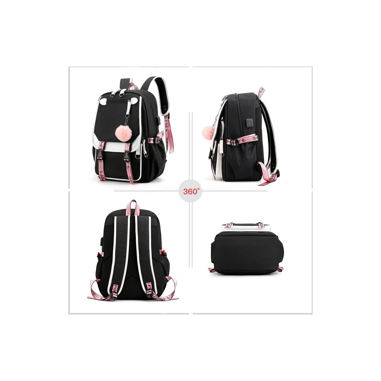Kids Backpacks For Teen Girls With USB Port, cute black backpack Can Hold 15.6in Notebook,Tablets.Girls Backpack Can Be Used As Gift for Students Or