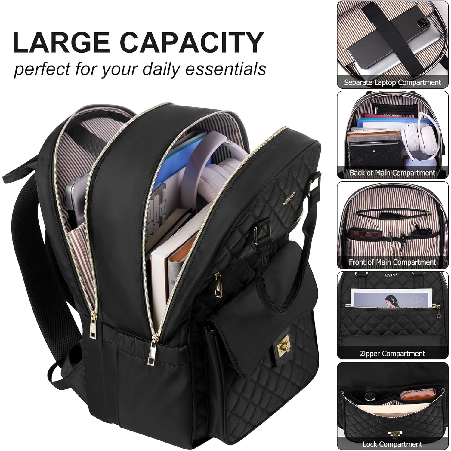 Backpack for Women,Laptop Bag for Travel Work College Teacher,School Backpack for Teen Girls Student,Sac a Dos Femme Voyage,Ladies Gifts,Black