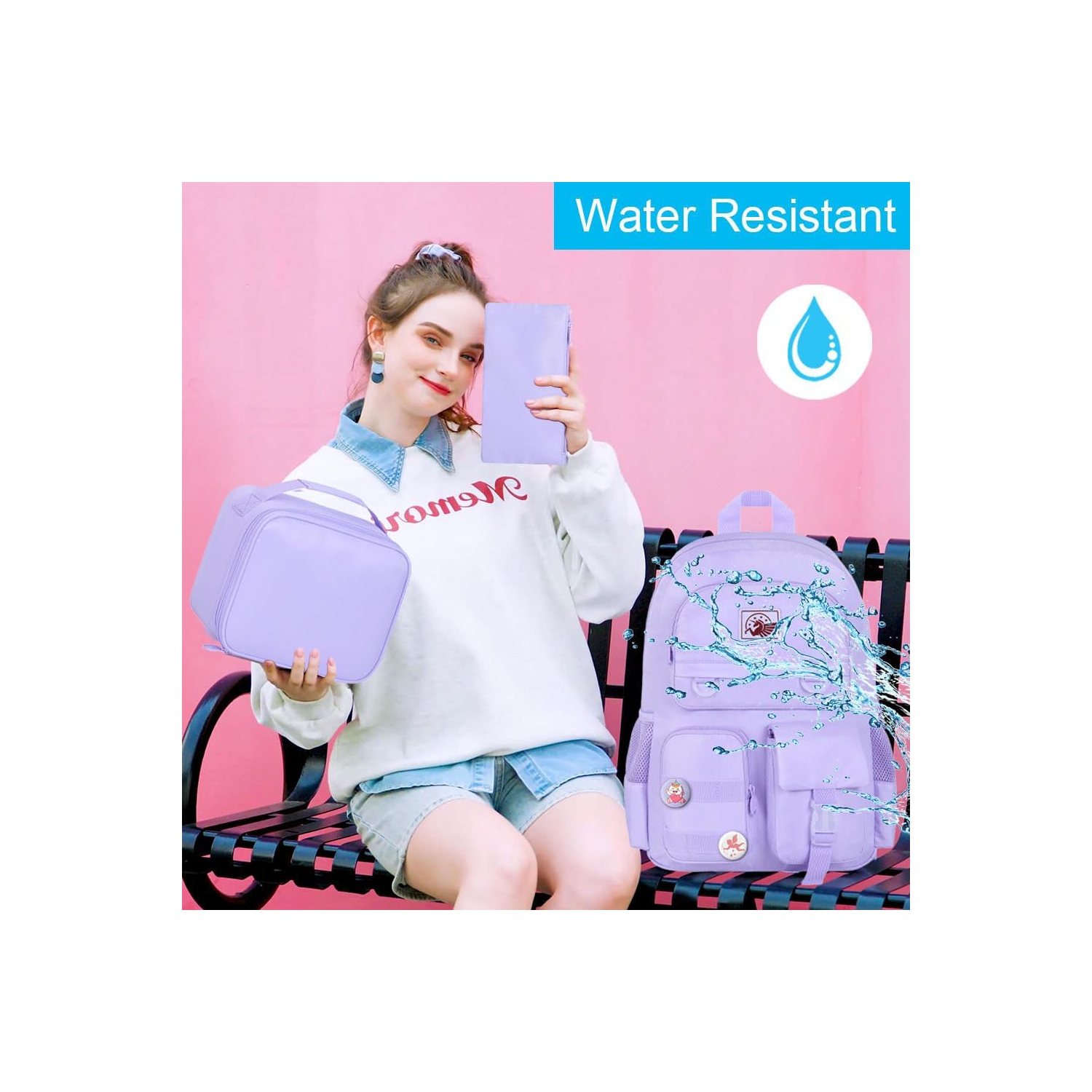 3PCS Laptop Backpack for Girls Women, 15.6 Cute Aesthetic Computer Water Resistant Anti Theft College School Bookbag with Lunch Box for Teens