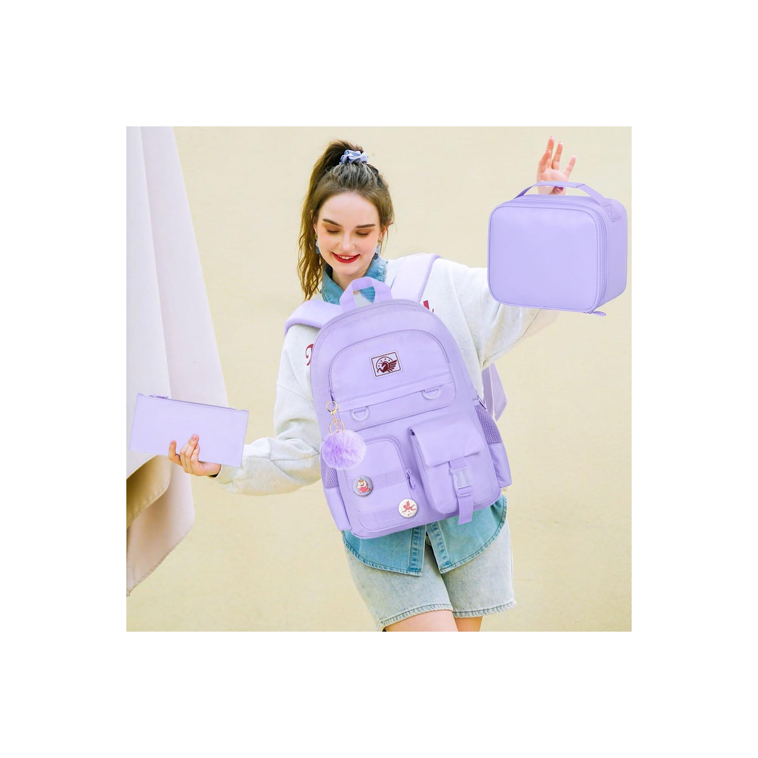 3PCS Laptop Backpack for Girls Women, 15.6 Cute Aesthetic Computer Water Resistant Anti Theft College School Bookbag with Lunch Box for Teens
