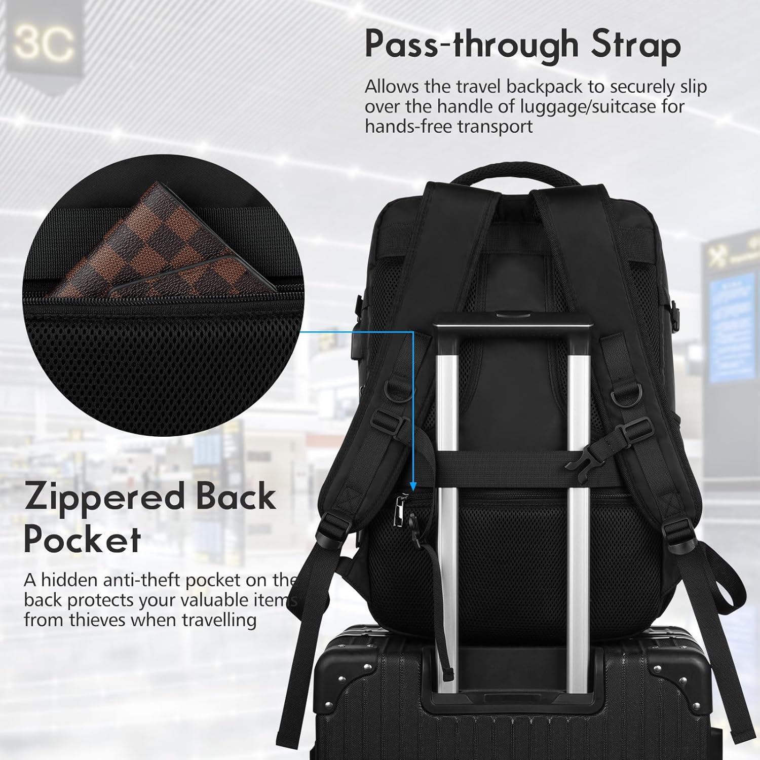 M Large Travel Backpack Women, Flight Approved Carry On Backpack, Water Resistant Anti-Theft Casual Daypack School Bag,17.3 inch,Black Zipper