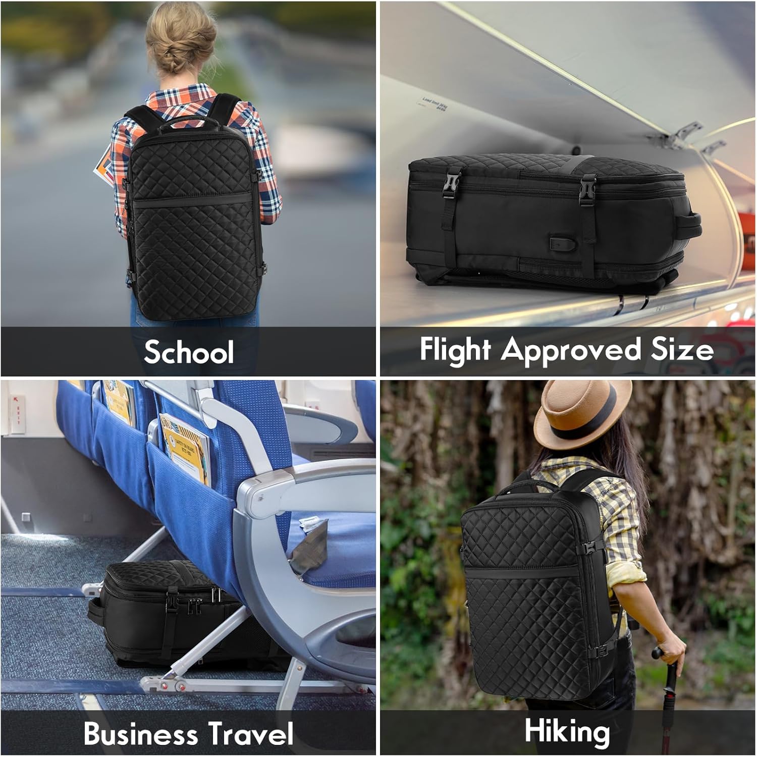 M Large Travel Backpack Women, Flight Approved Carry On Backpack, Water Resistant Anti-Theft Casual Daypack School Bag,17.3 inch,Black Zipper