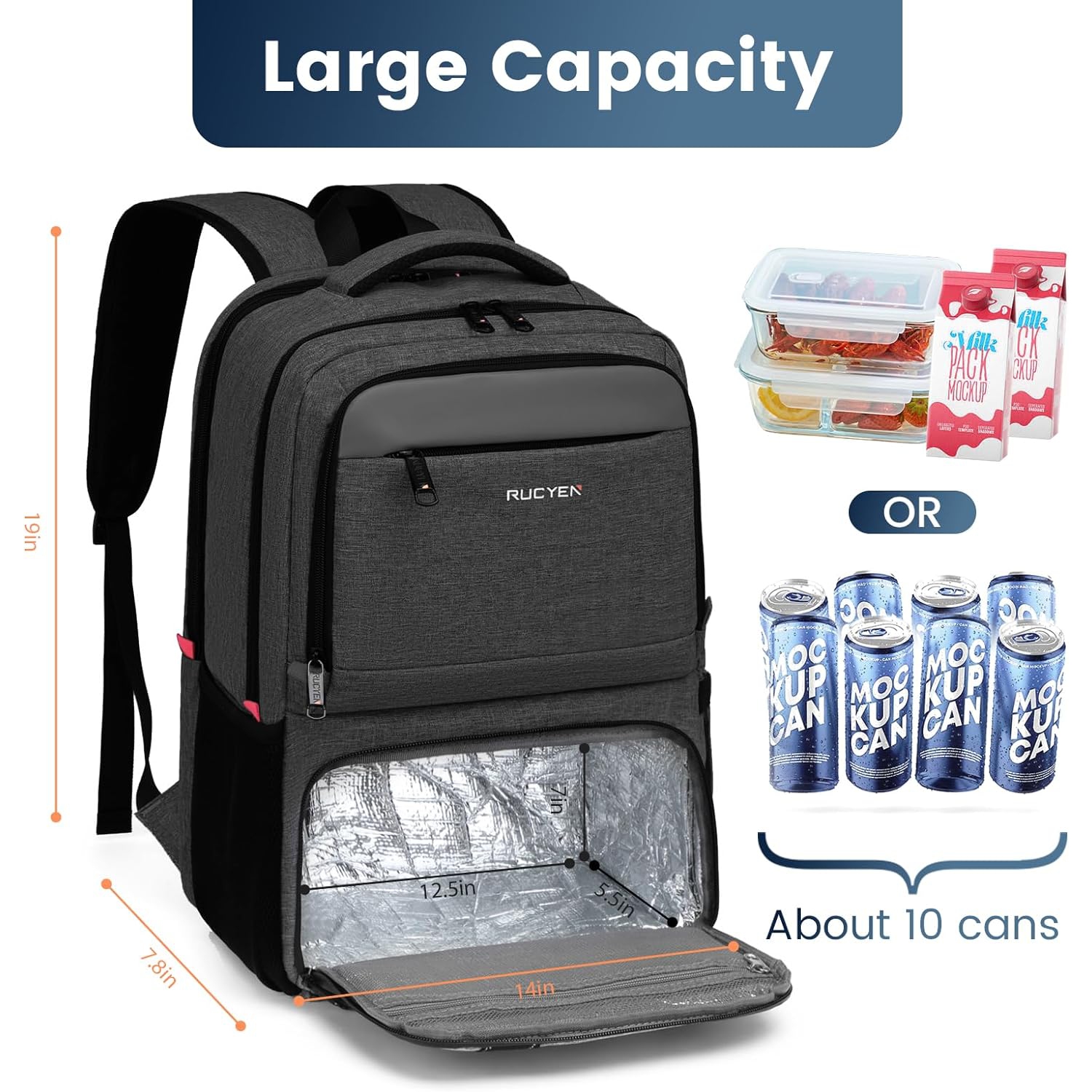 Lunch Backpack, 17.3 Inch Large Lunch Backpack Insulated Cooler Bag Travel Laptop Backpack with USB Port for Men Women, RFID Blocking School Bookbag