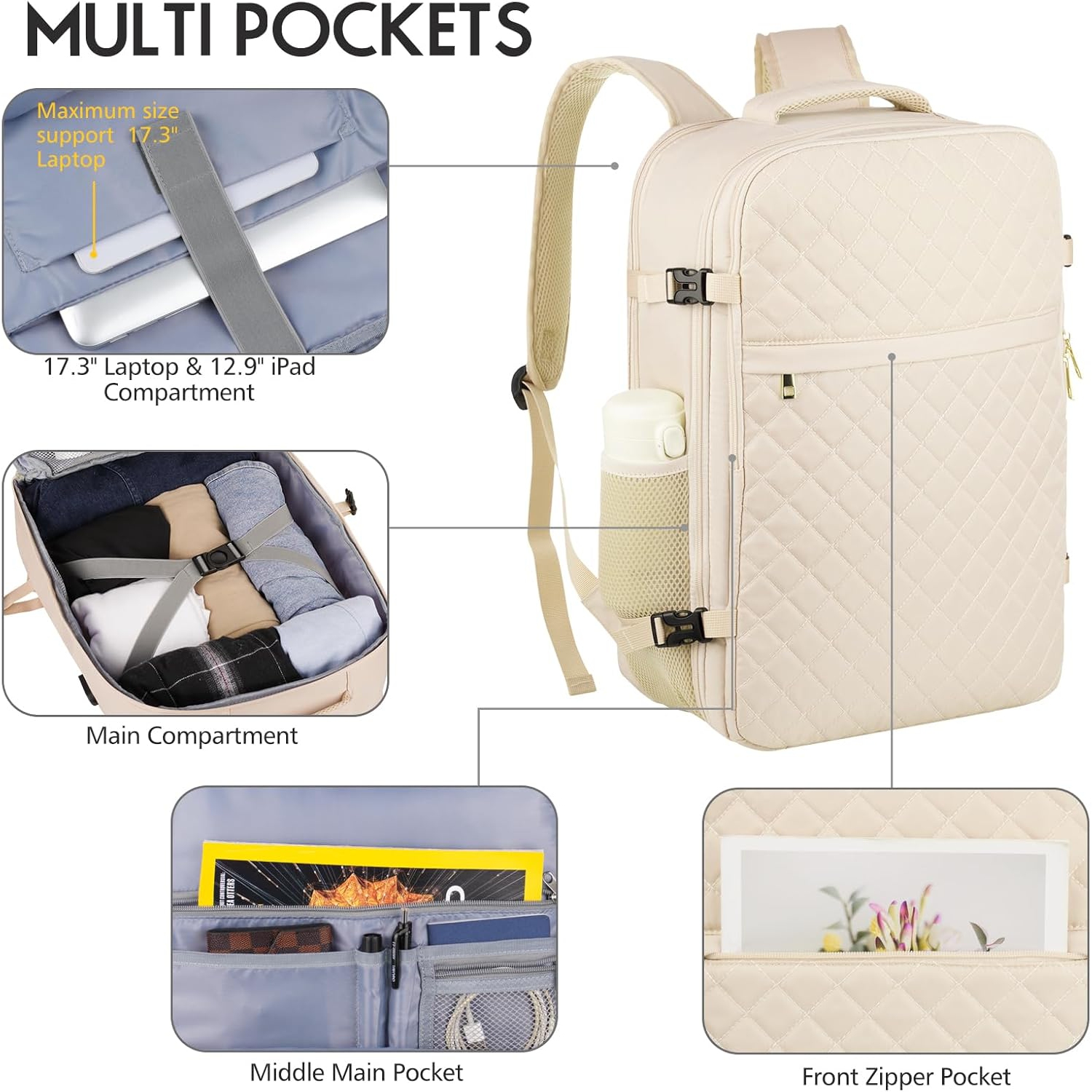 M Large Travel Backpack Women, Flight Approved Carry On Backpack, Water Resistant Anti-Theft Casual Daypack School Bag,17.3 inch,Beige