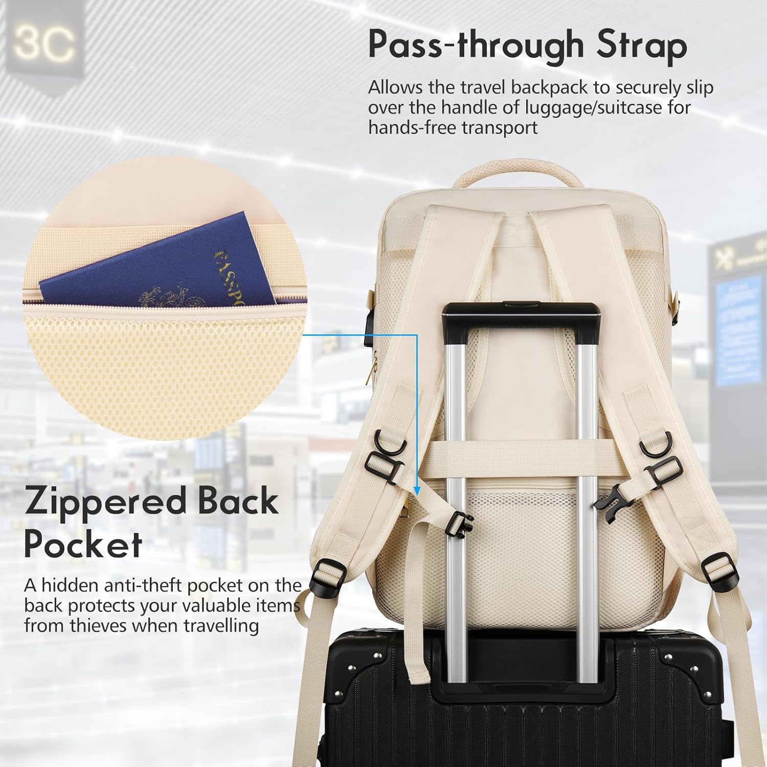 M Large Travel Backpack Women, Flight Approved Carry On Backpack, Water Resistant Anti-Theft Casual Daypack School Bag,17.3 inch,Beige