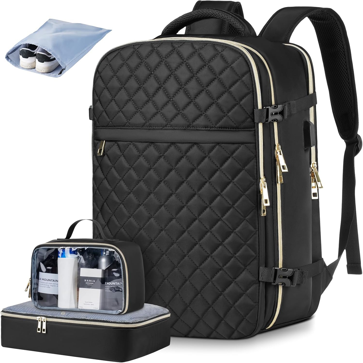 M Large Travel Backpack Women, Flight Approved Carry On Backpack, Water Resistant Anti-Theft Casual Daypack School Bag,18.4 inch,Small Black Sets