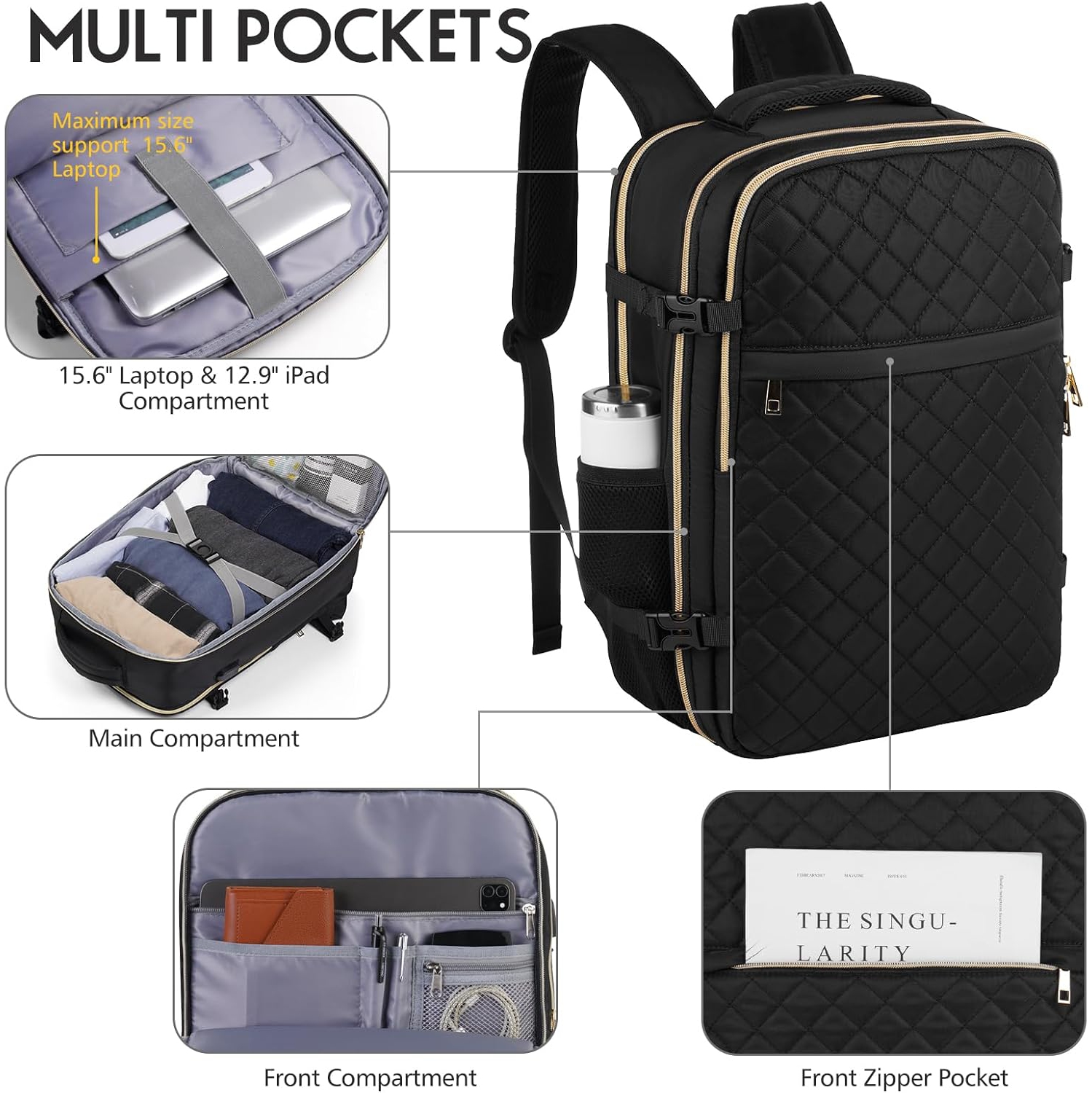 M Large Travel Backpack Women, Flight Approved Carry On Backpack, Water Resistant Anti-Theft Casual Daypack School Bag,18.4 inch,Small Black Sets