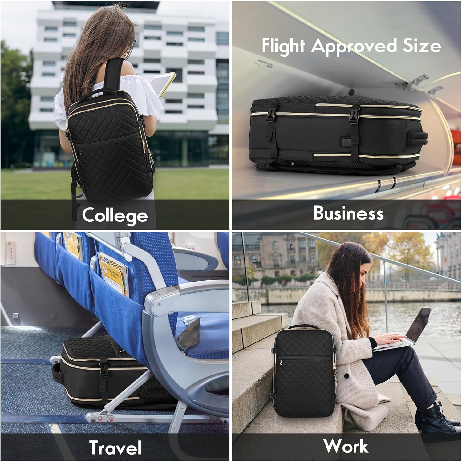 M Large Travel Backpack Women, Flight Approved Carry On Backpack, Water Resistant Anti-Theft Casual Daypack School Bag,18.4 inch,Small Black Sets