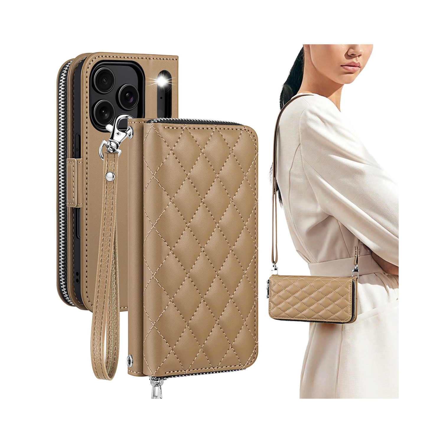 Étui portefeuille pour iPhone 17 Pro, porte-carte anti-RFID pour femmes et hommes mode cuir PU, fermeture magnétique, fermeture à glissière, étui