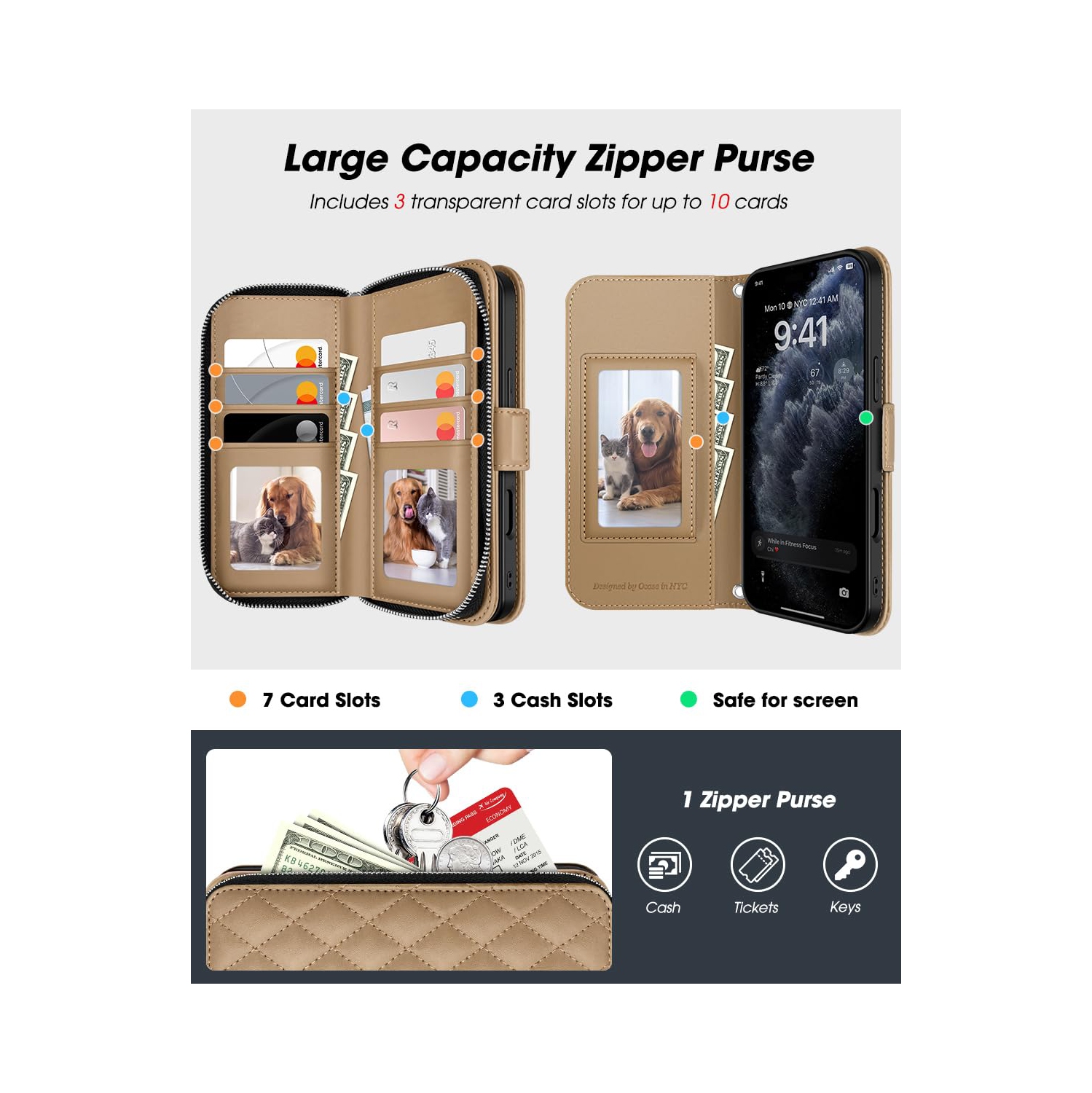 Étui portefeuille pour iPhone 17 Pro, porte-carte anti-RFID pour femmes et hommes mode cuir PU, fermeture magnétique, fermeture à glissière, étui