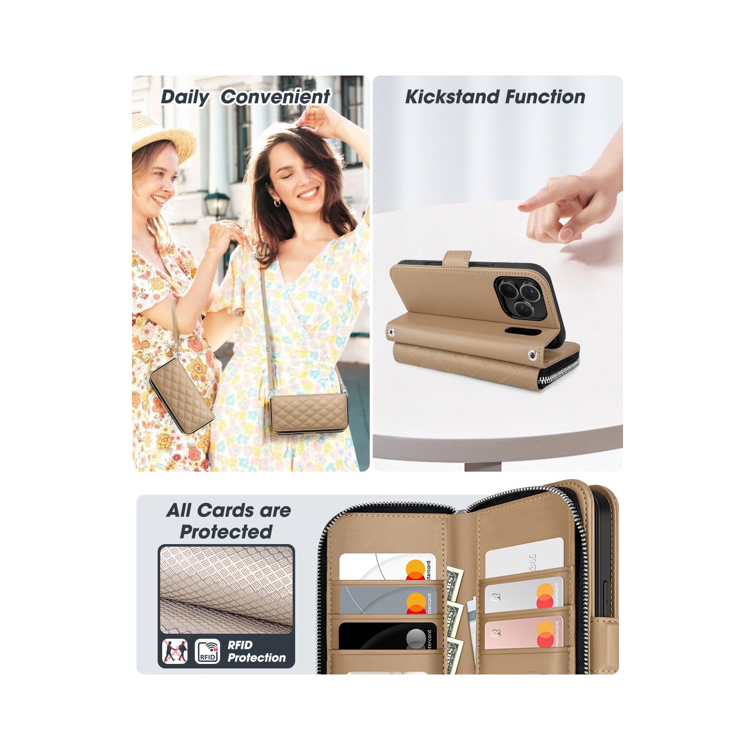 Étui portefeuille pour iPhone 17 Pro, porte-carte anti-RFID pour femmes et hommes mode cuir PU, fermeture magnétique, fermeture à glissière, étui