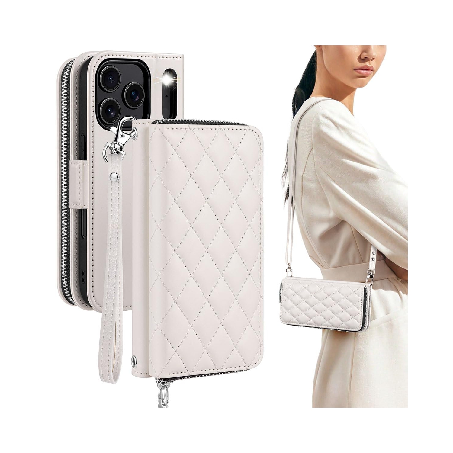 iPhone 17 Pro Case Wallet, RFID Blocking Card Holder for Women and Men Fashion PU Leather Magnetic Snap Flip Zipper Phone Case with Shoulder Wrist