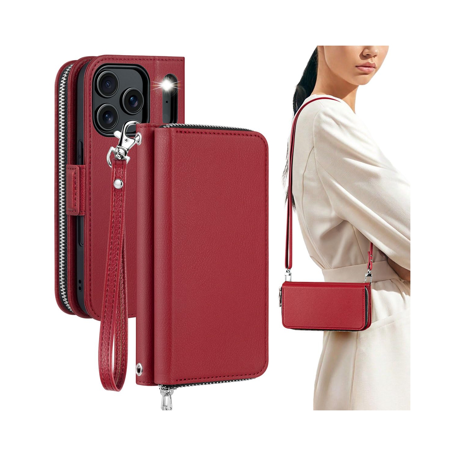 iPhone 17 Pro Case Wallet, RFID Blocking Card Holder for Women and Men Fashion PU Leather Magnetic Snap Flip Zipper Phone Case with Shoulder Wrist