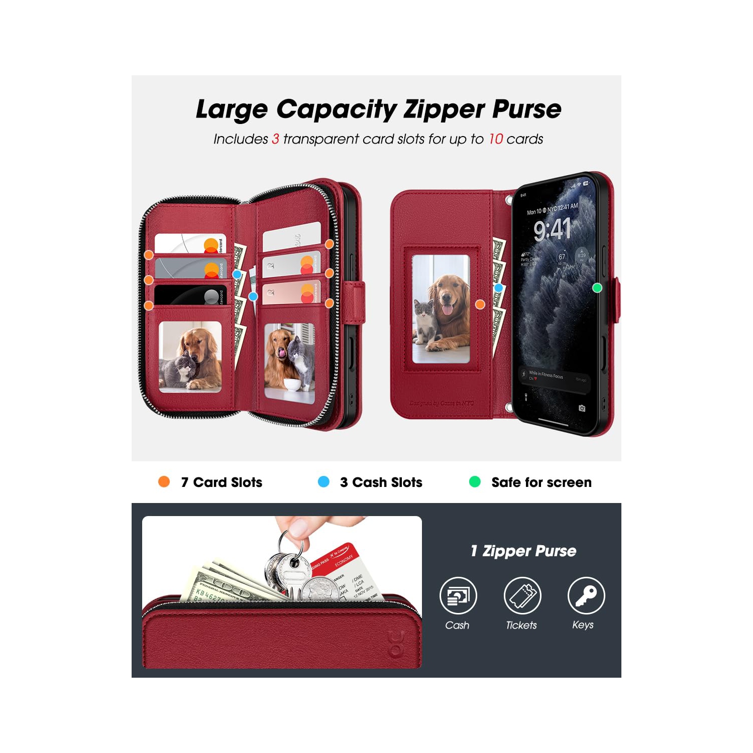 iPhone 17 Pro Case Wallet, RFID Blocking Card Holder for Women and Men Fashion PU Leather Magnetic Snap Flip Zipper Phone Case with Shoulder Wrist