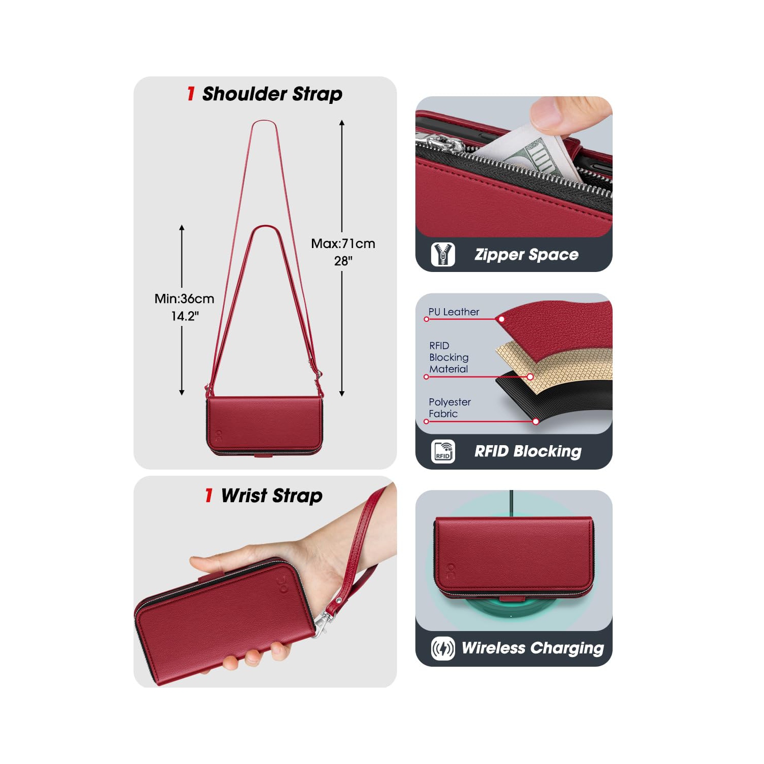 iPhone 17 Pro Case Wallet, RFID Blocking Card Holder for Women and Men Fashion PU Leather Magnetic Snap Flip Zipper Phone Case with Shoulder Wrist