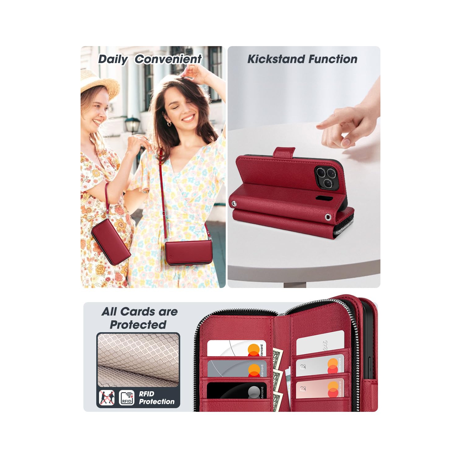 iPhone 17 Pro Case Wallet, RFID Blocking Card Holder for Women and Men Fashion PU Leather Magnetic Snap Flip Zipper Phone Case with Shoulder Wrist