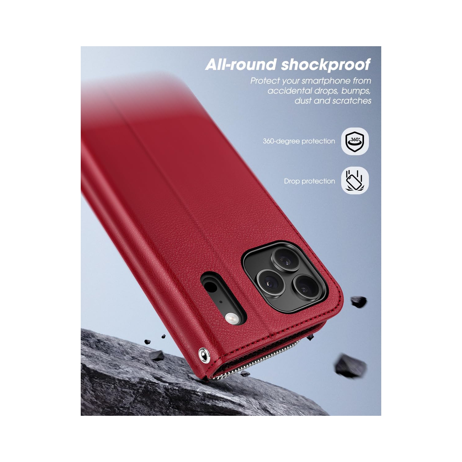 iPhone 17 Pro Case Wallet, RFID Blocking Card Holder for Women and Men Fashion PU Leather Magnetic Snap Flip Zipper Phone Case with Shoulder Wrist