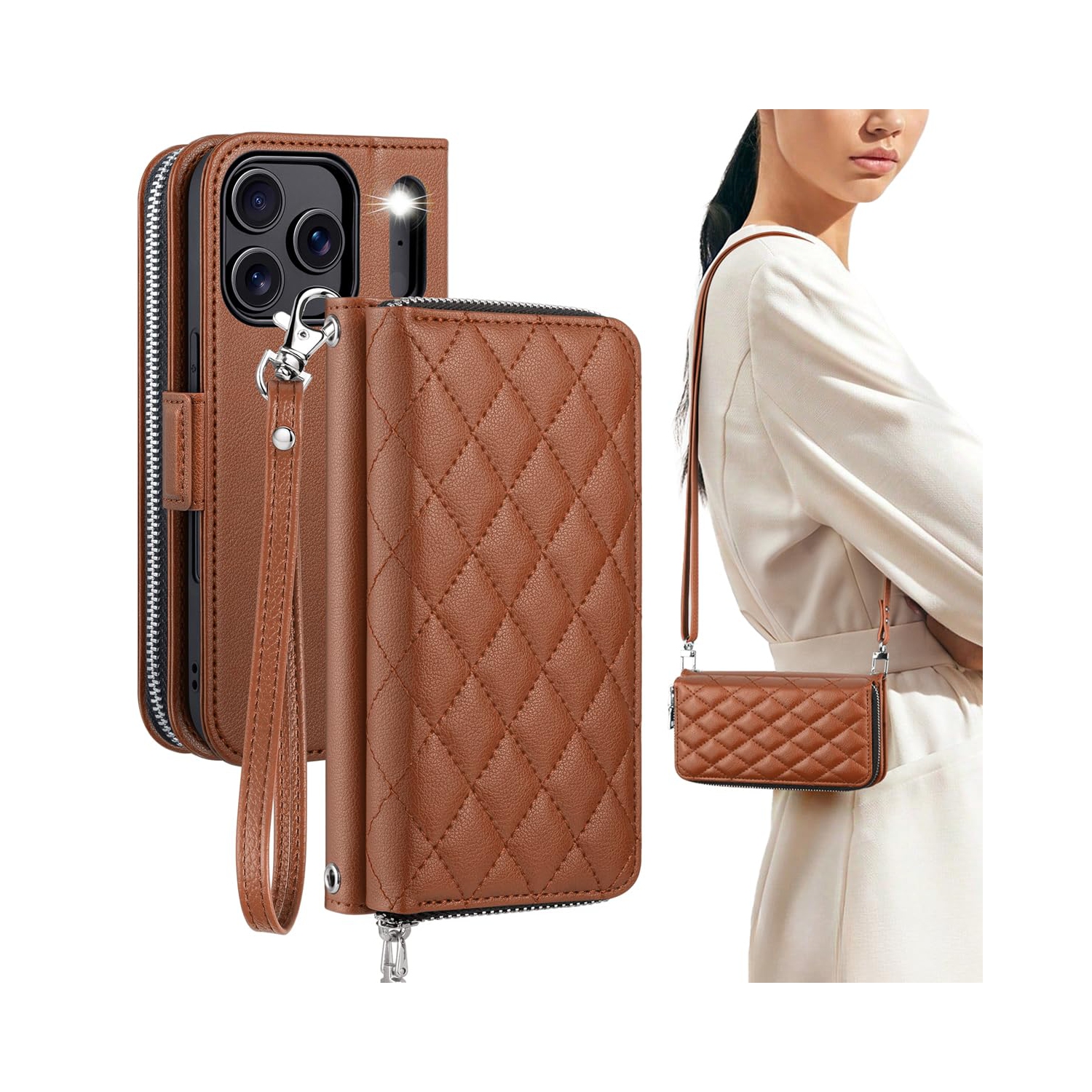 iPhone 17 Pro Case Wallet, RFID Blocking Card Holder for Women and Men Fashion PU Leather Magnetic Snap Flip Zipper Phone Case with Shoulder Wrist